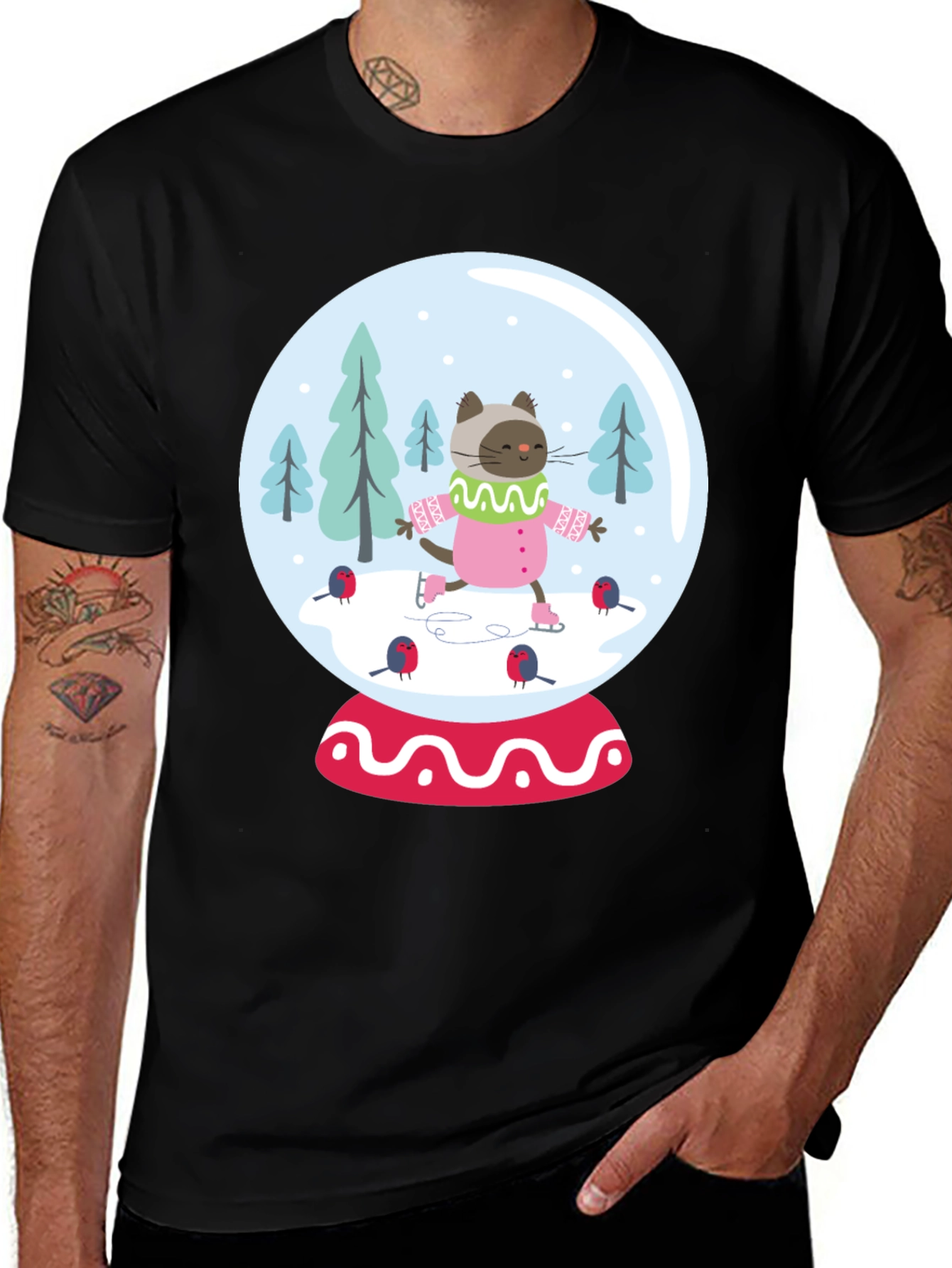 Variant 5 of Cat Snow Globe Graphic Tee - Black Cotton Blend