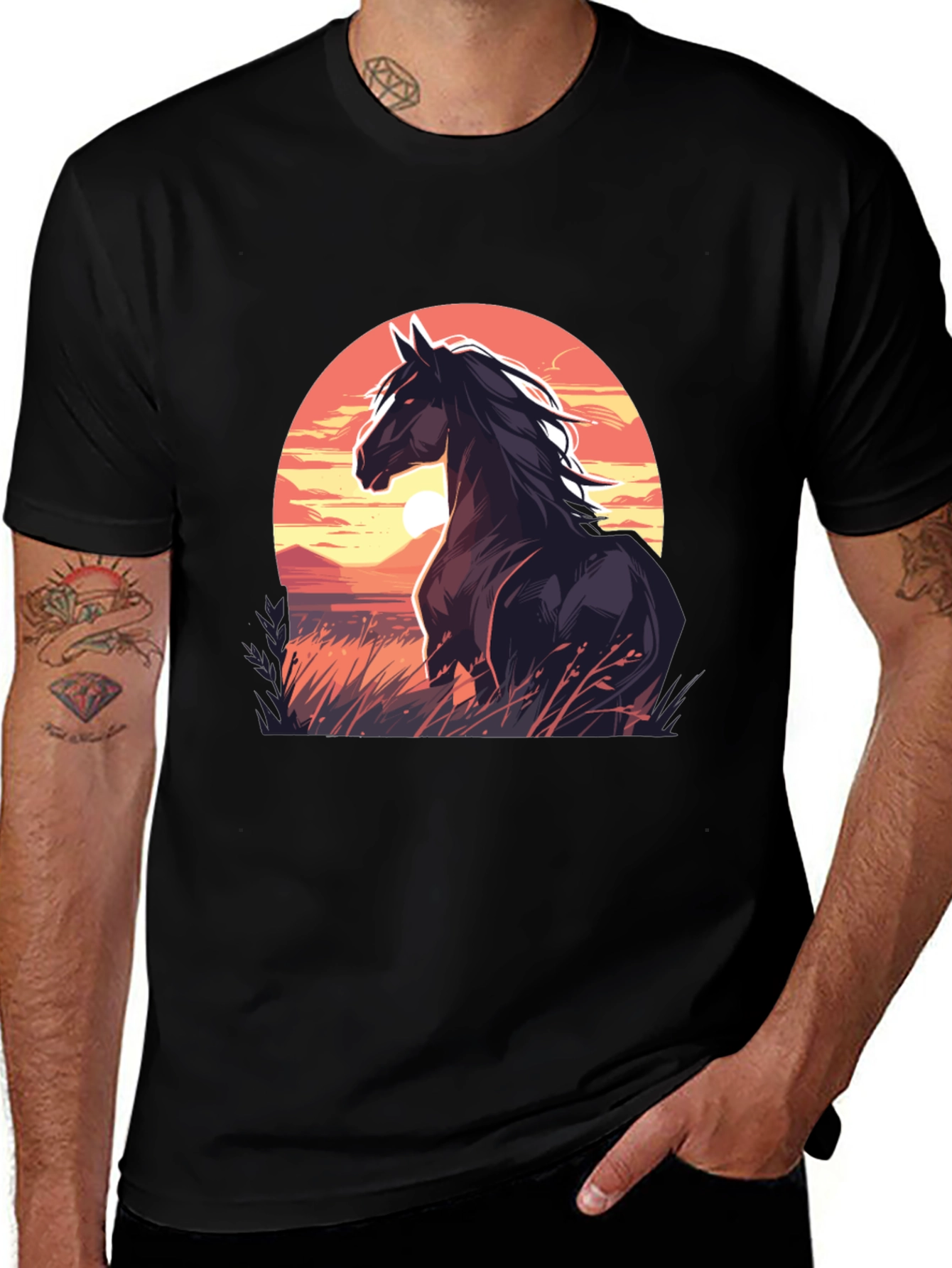 Variant 20 of Horse Sunset Graphic Tee - Stylish Black T-Shirt