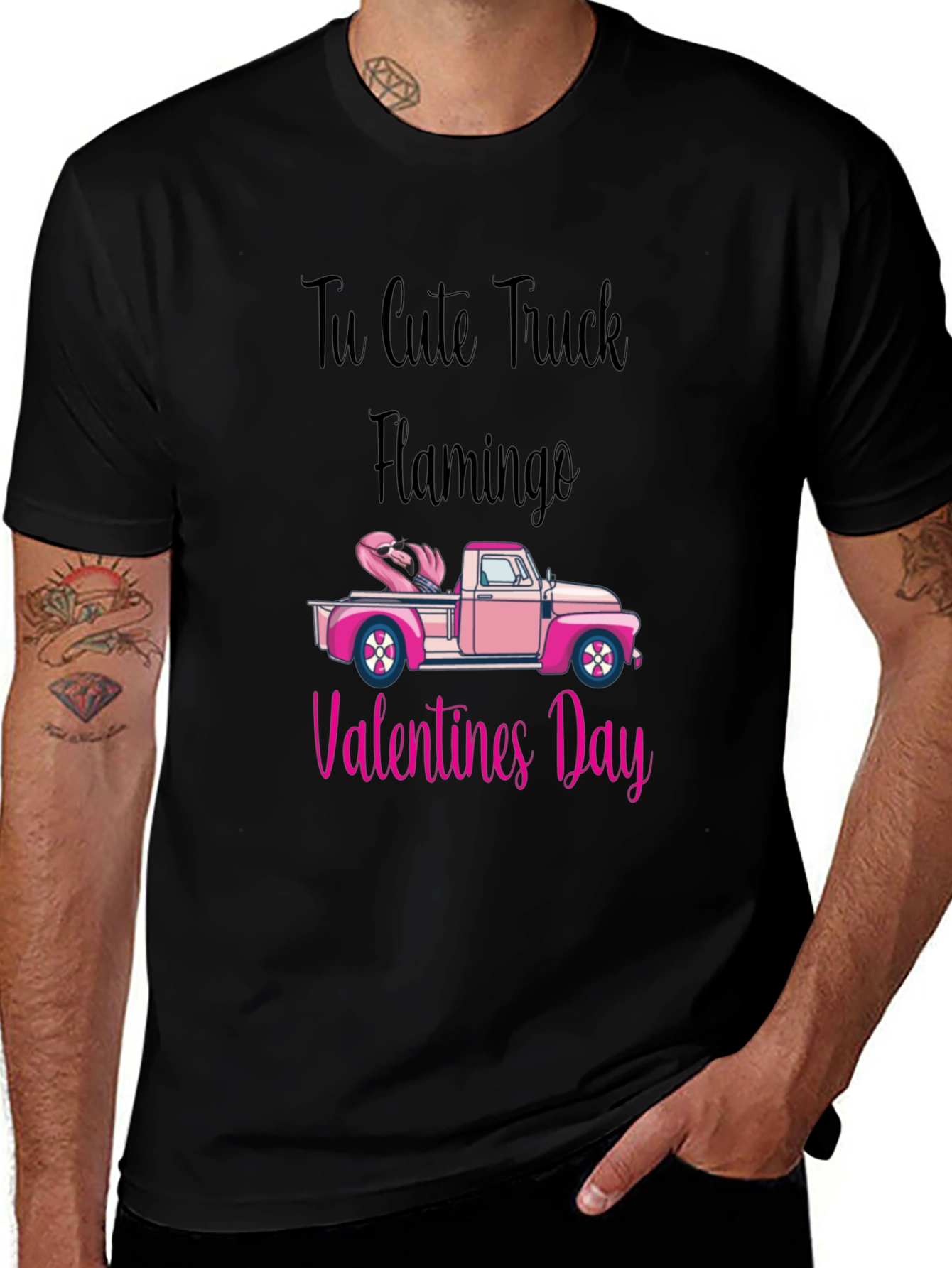 Cute Truck Flamingo Valentine's Day Black T-Shirt