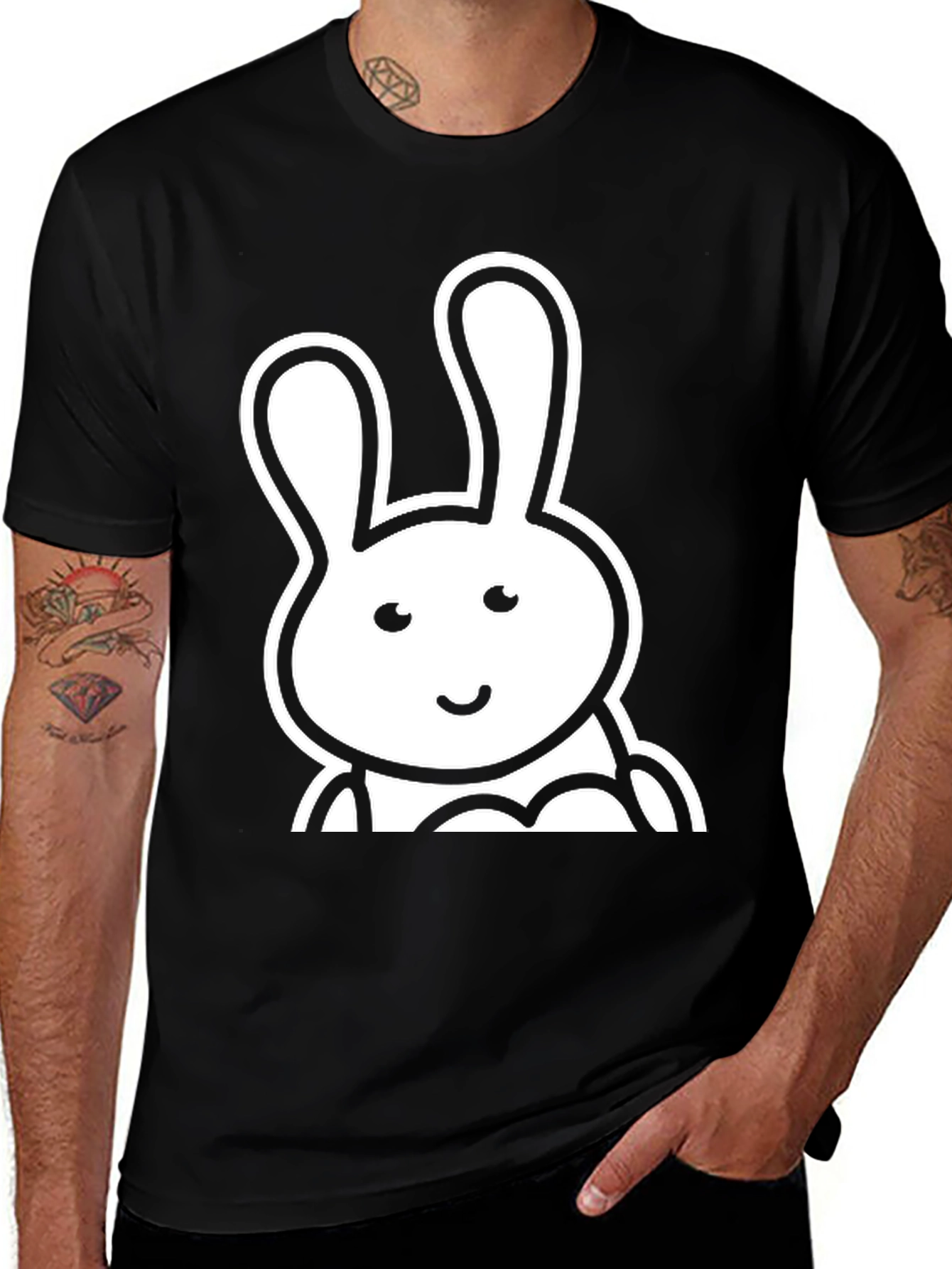 Variant 6 of Black T-Shirt with White Cartoon Bunny Print