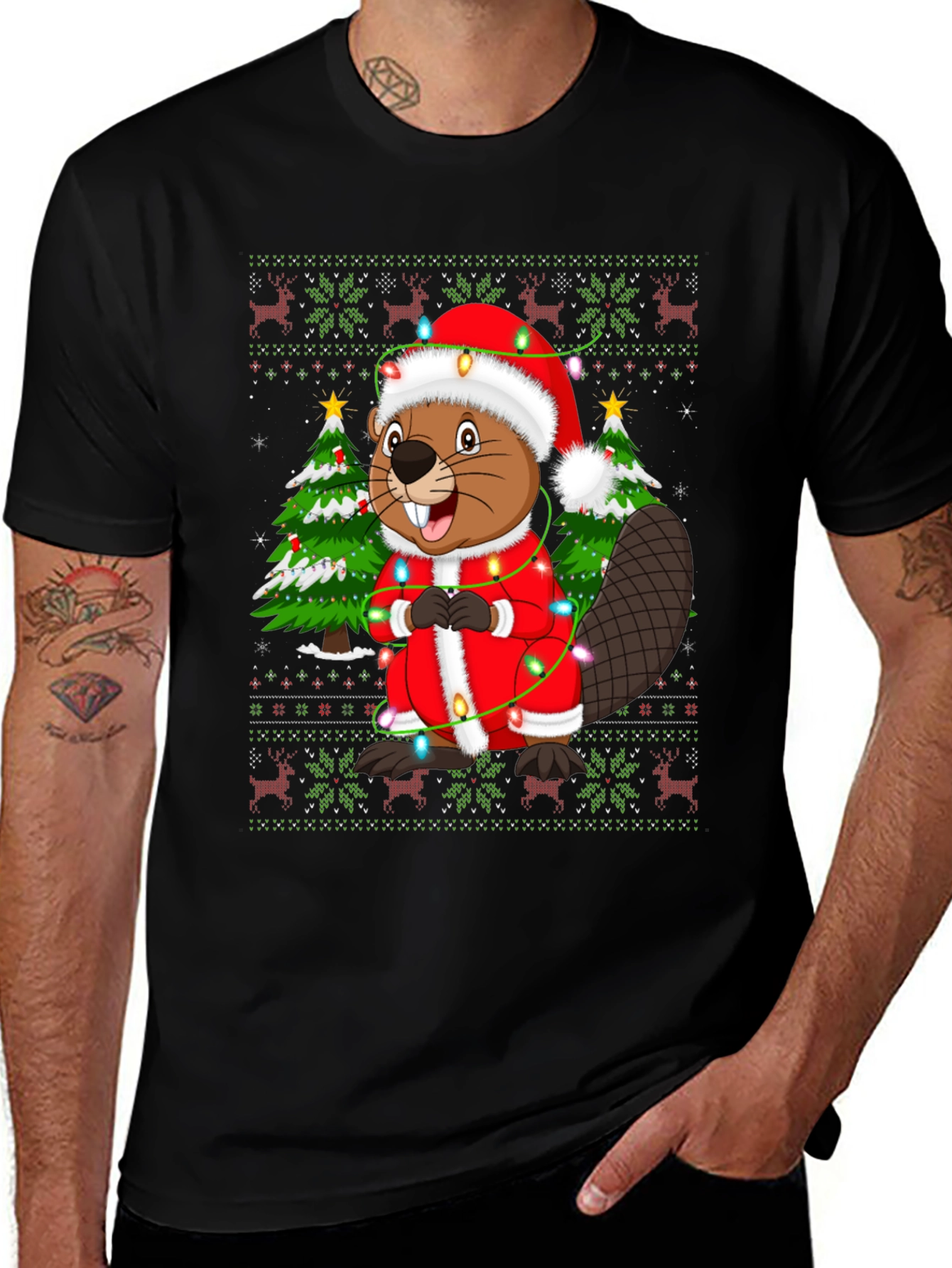 Festive Beaver Christmas T-Shirt - Ugly Sweater Style