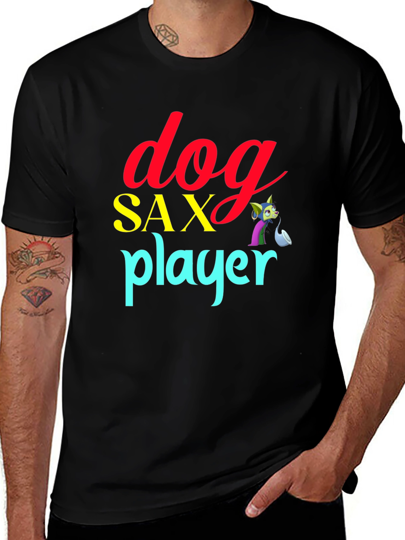 Variant 11 of Dog Sax Player Black T-Shirt