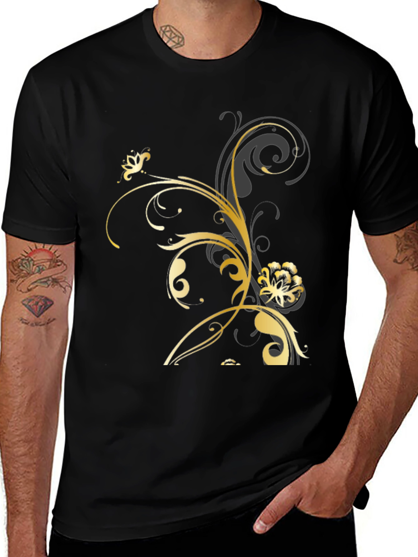Variant 7 of Men's Black Tee with Gold Floral Design