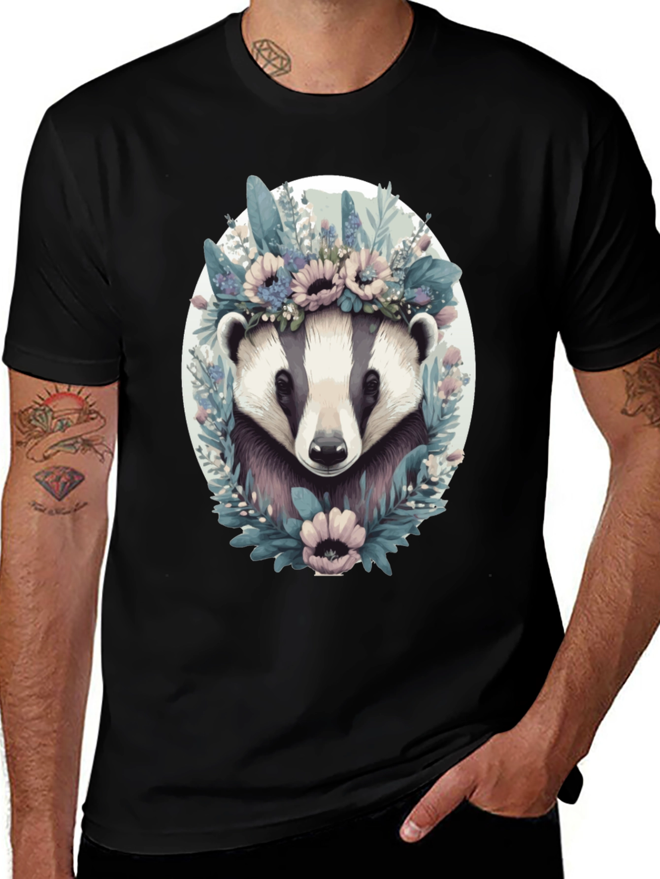 Variant 24 of Floral Badger Graphic Tee - Men's Black T-Shirt