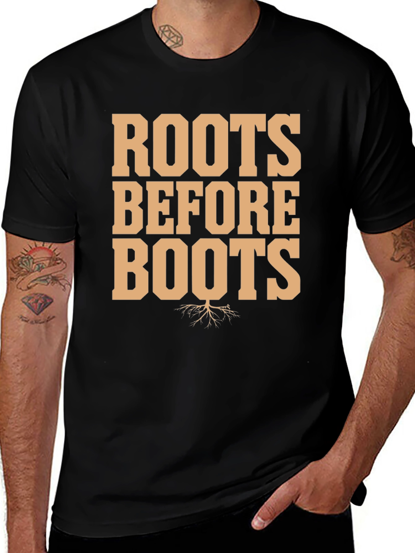 Variant 12 of Roots Before Boots Graphic Tee - Black Cotton T-Shirt