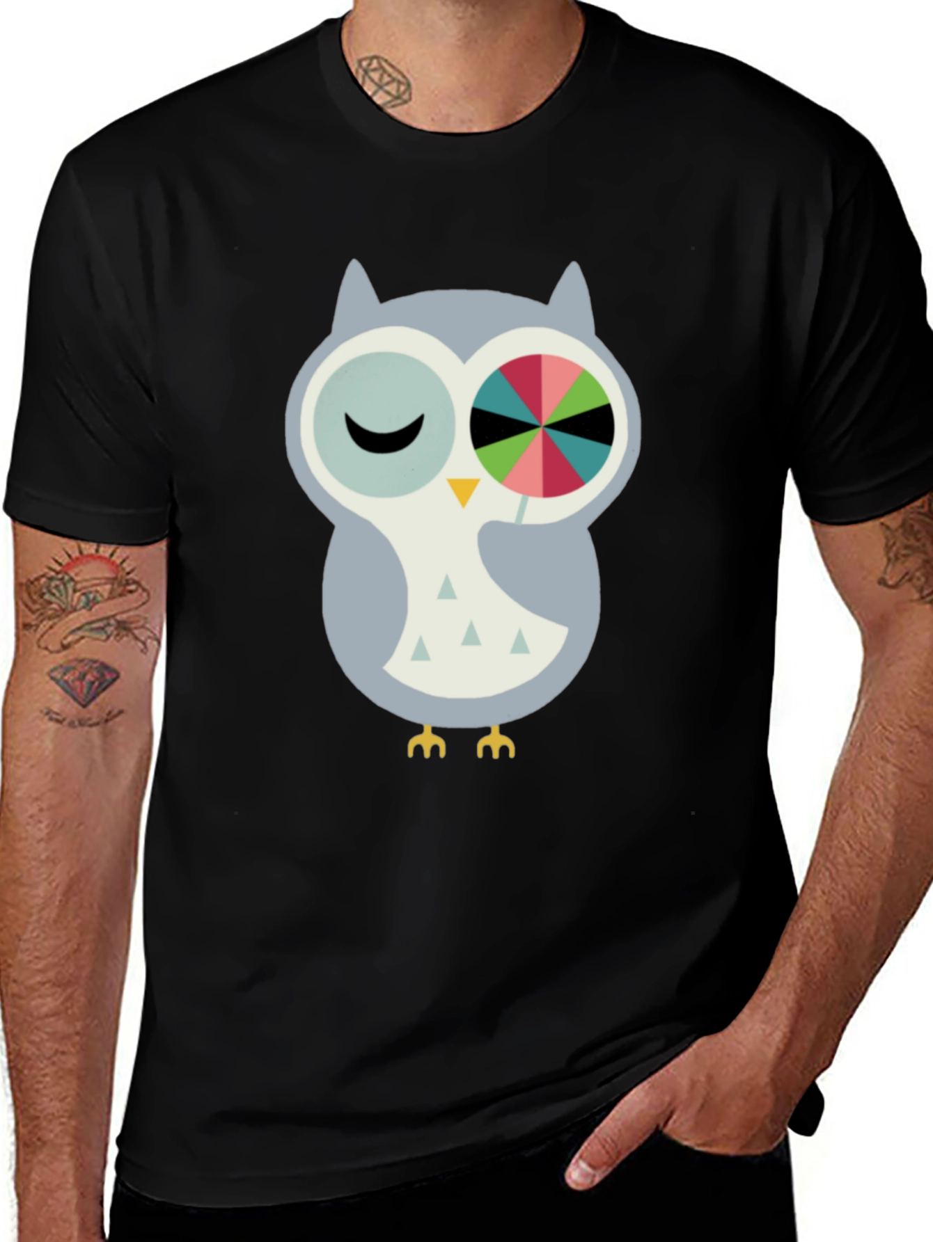 Black Whimsical Owl Graphic Tee - Cotton Blend Comfort main image