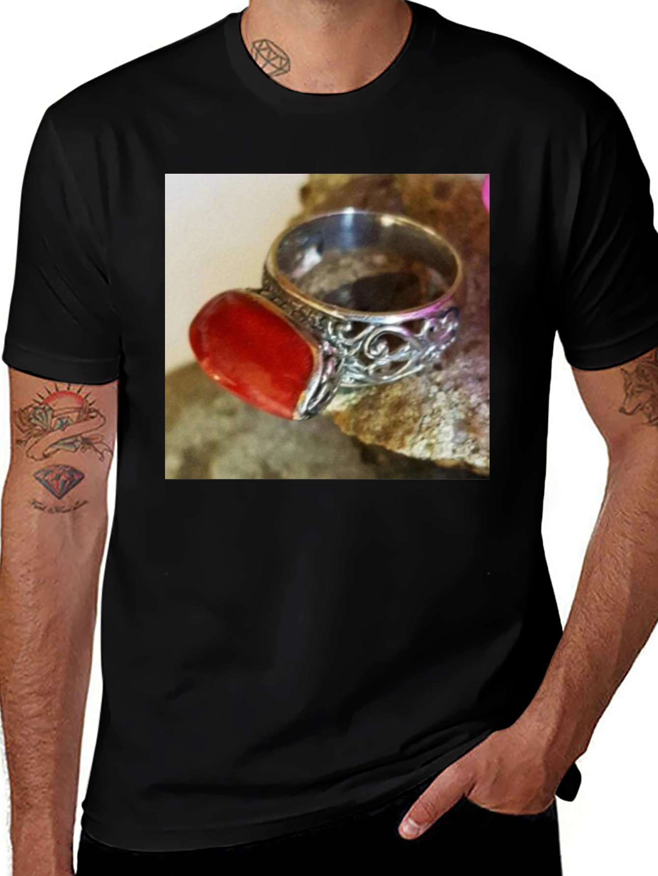 Variant 4 of Coral Gemstone Ring on Black T-Shirt
