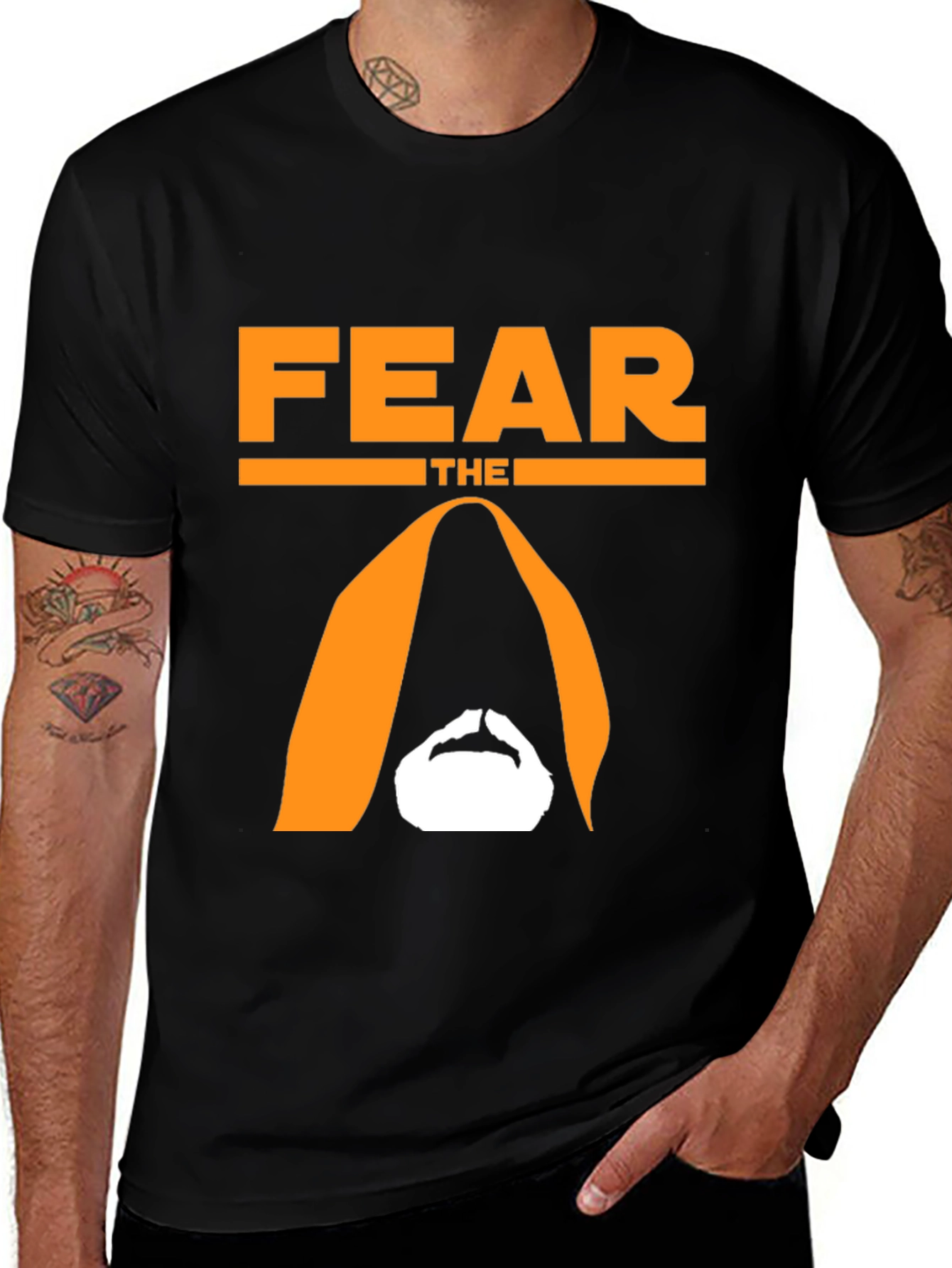 Variant 21 of Fear the Beard T-Shirt - Orange & White Graphic on Black