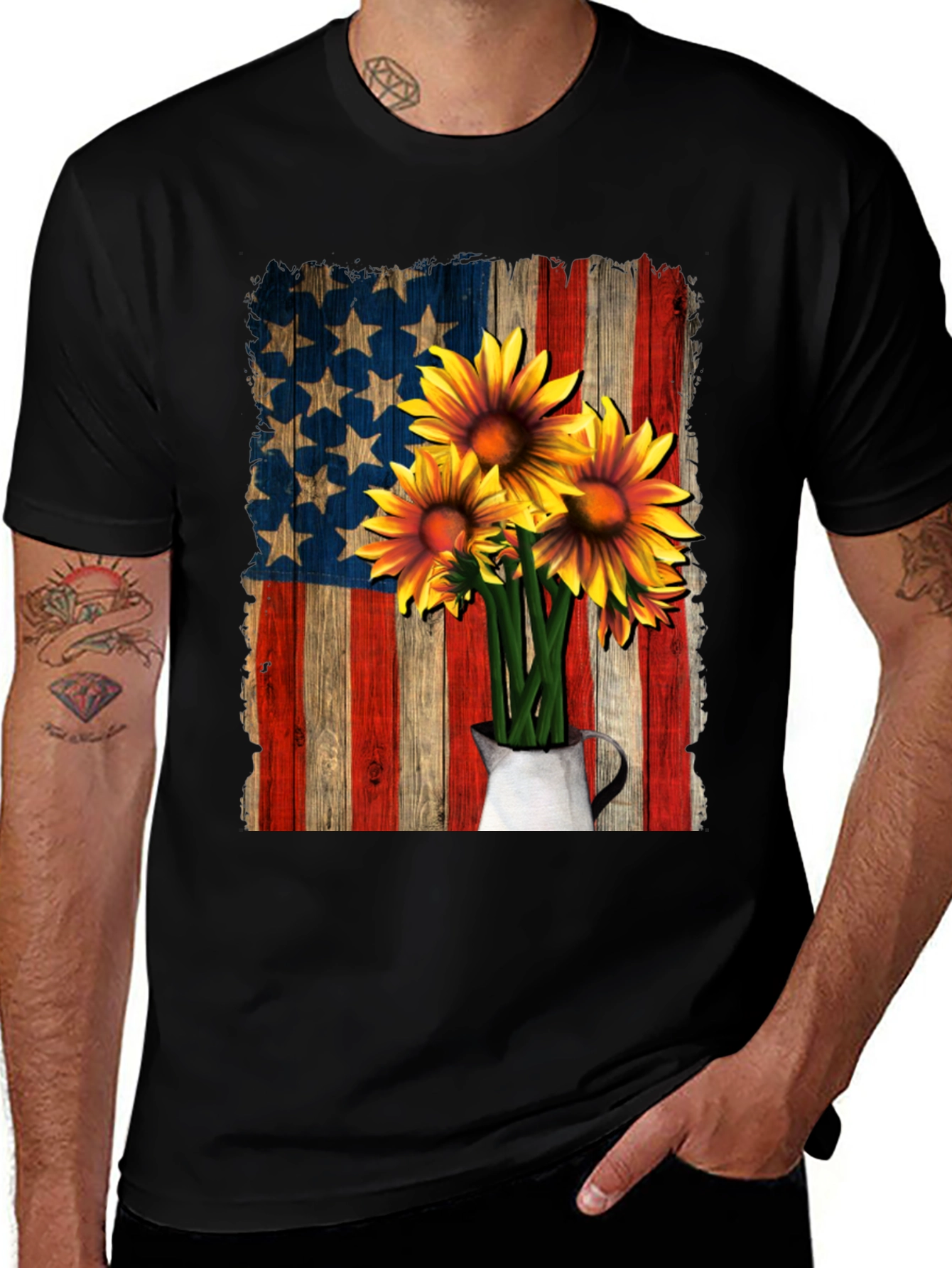 Sunflower American Flag Graphic T-Shirt