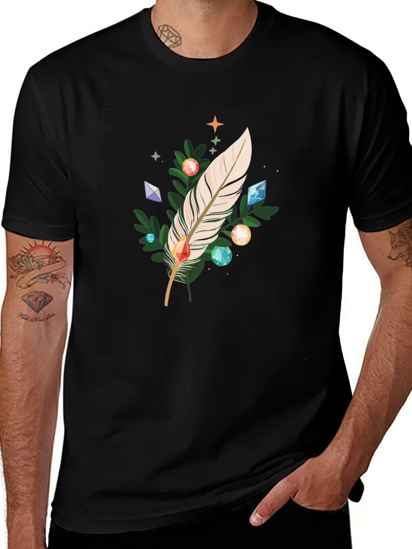 Variant 29 of Feather & Gemstone Graphic Black T-Shirt