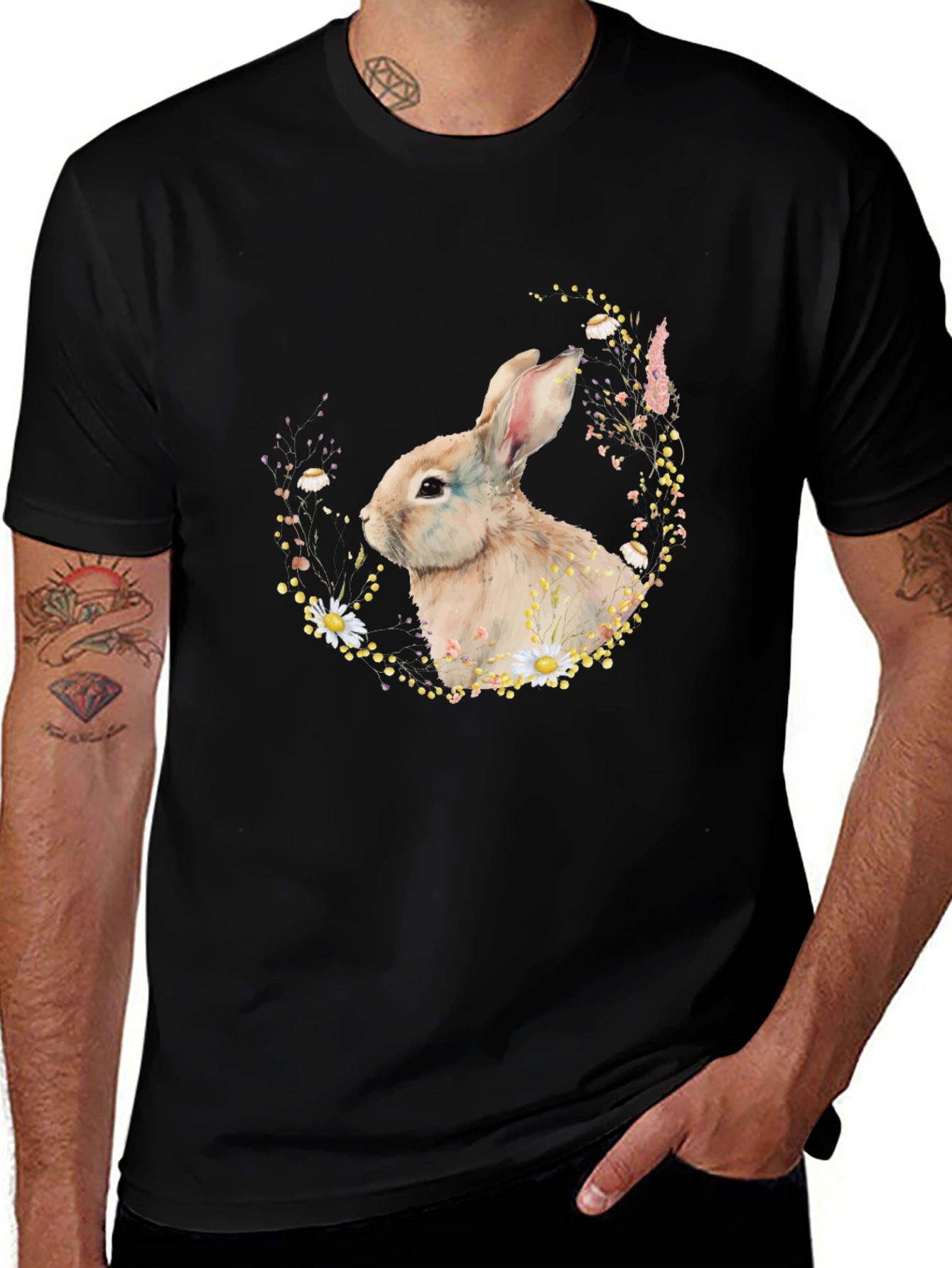 Variant 15 of Floral Bunny Graphic Tee - Soft Black Cotton