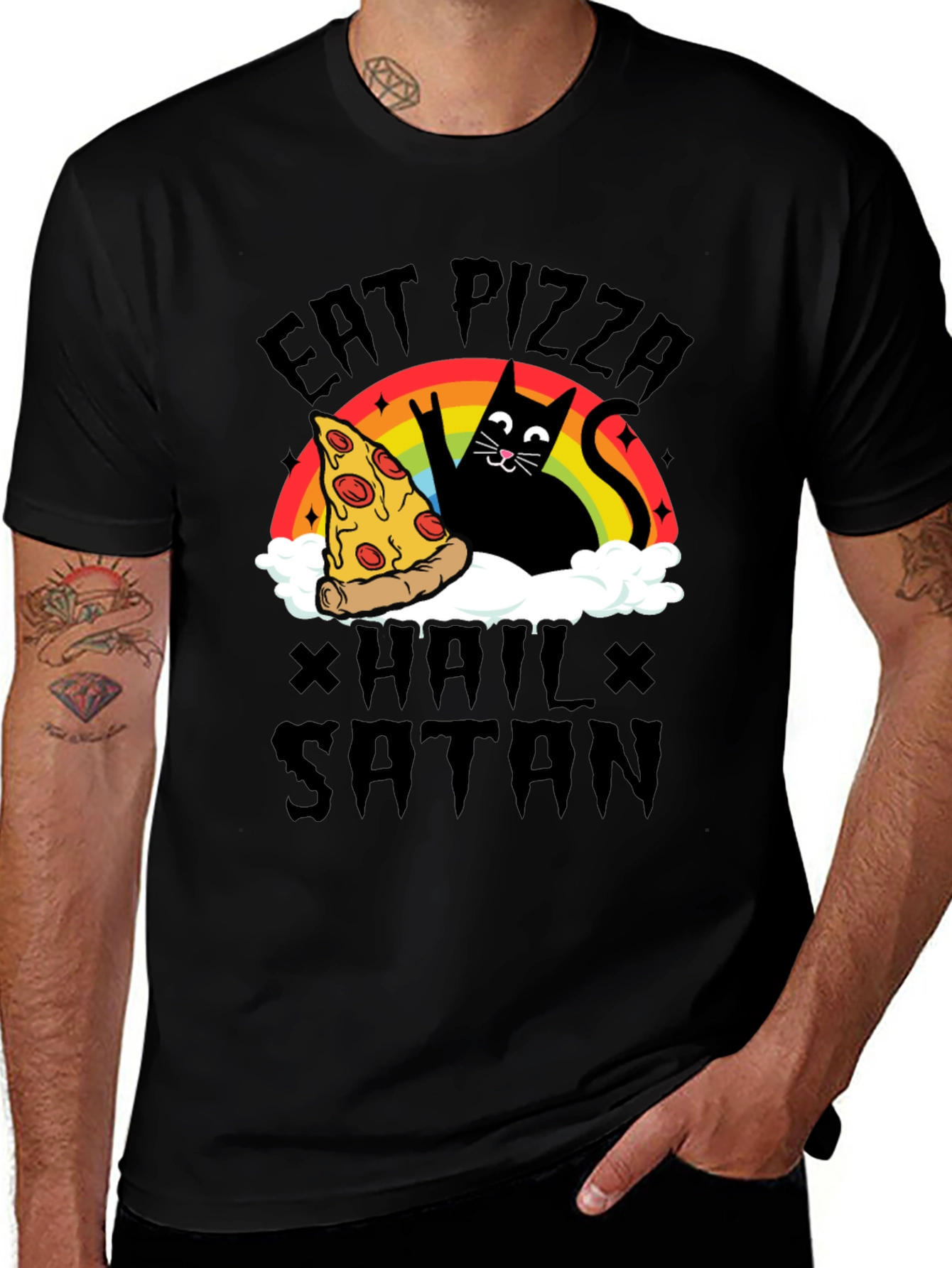 Variant 11 of Eat Pizza Hail Satan Black Graphic Tee