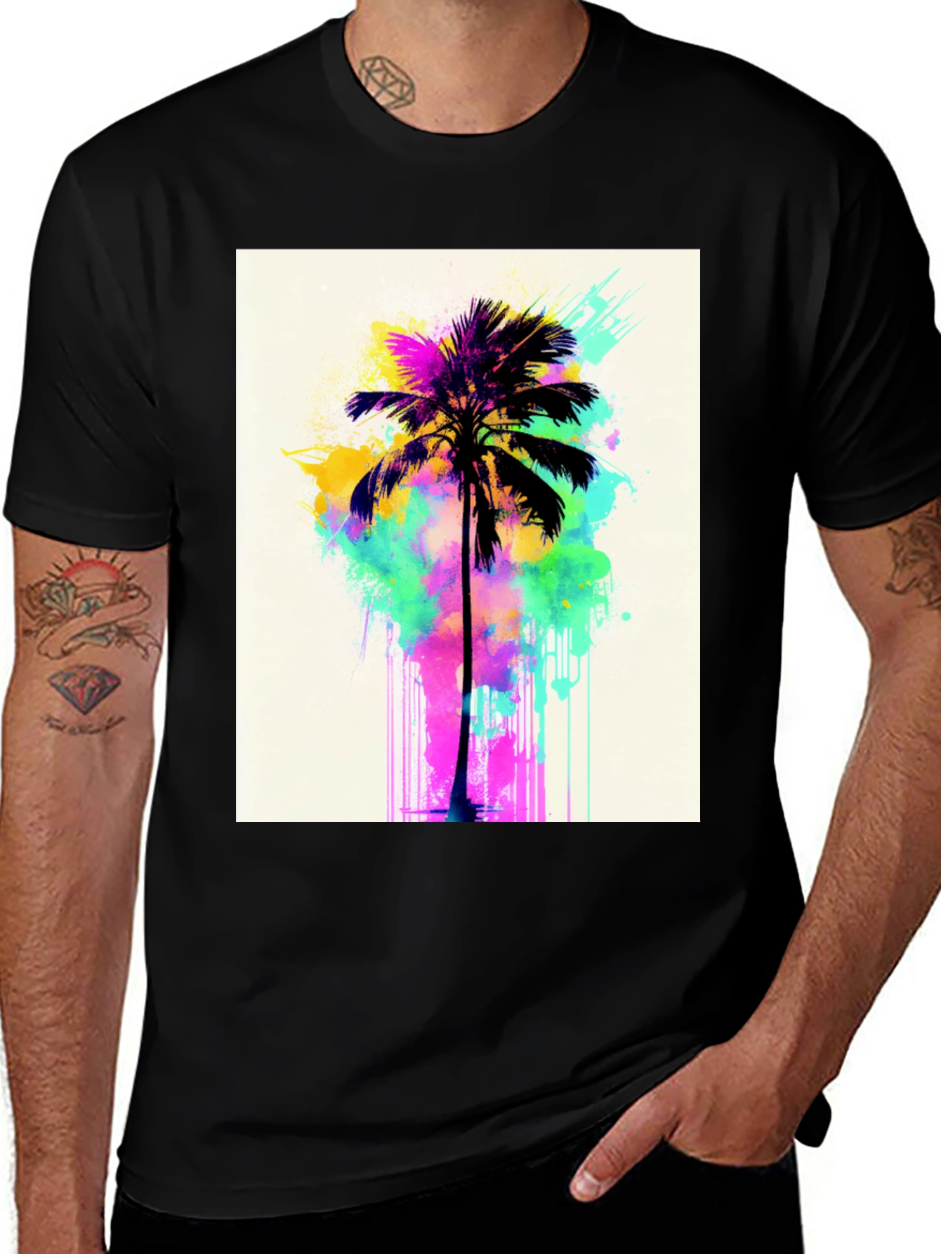 Variant 2 of Vibrant Palm Tree Graphic Tee - Black Cotton T-Shirt