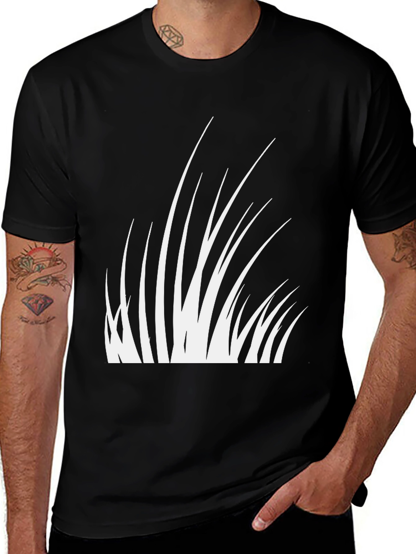 Variant 10 of Minimalist Grass Graphic Tee - Black Cotton Blend Shirt