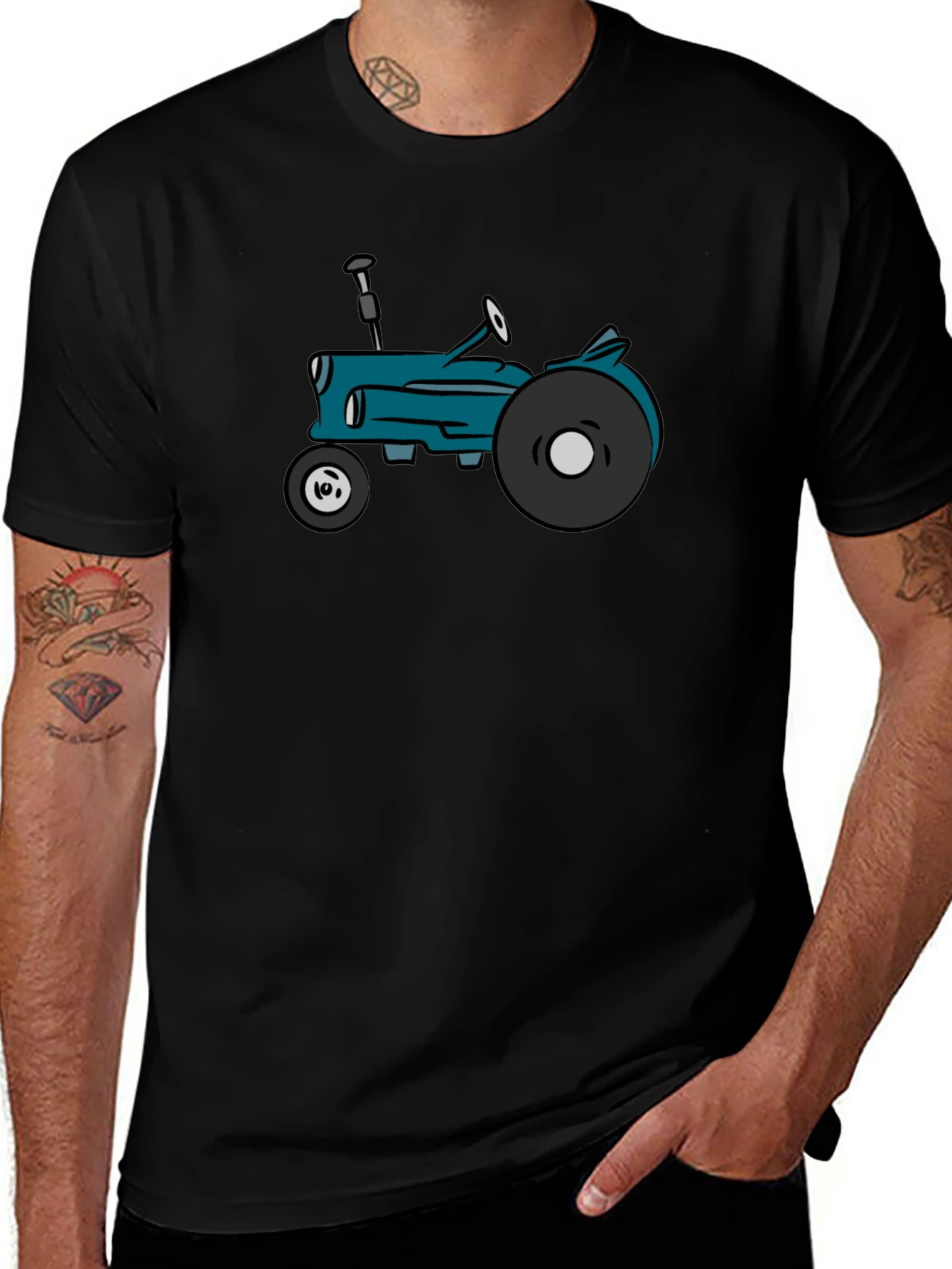 Cartoon Tractor Graphic Tee - Black Cotton T-Shirt