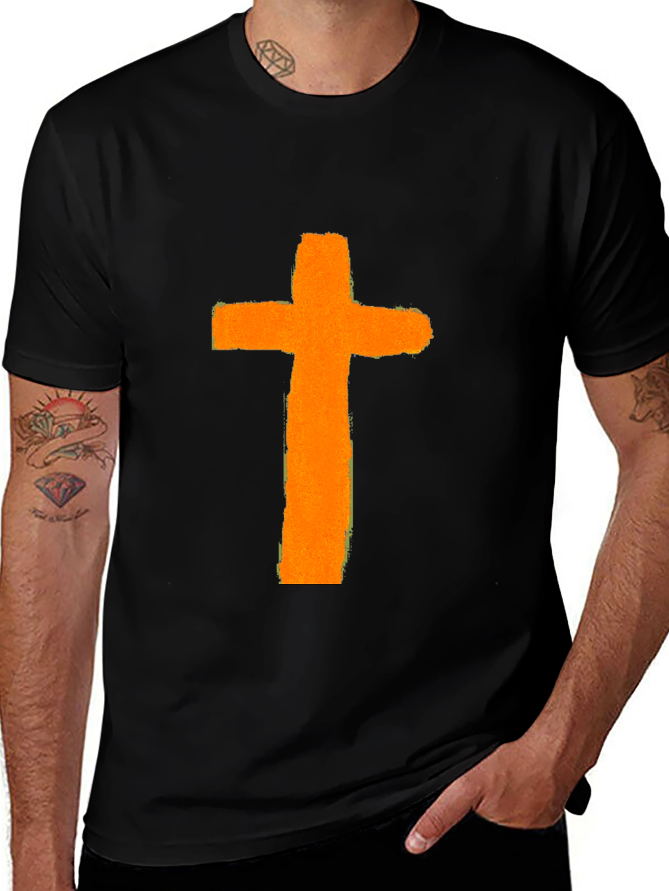 Orange Cross Graphic Print Black T-Shirt