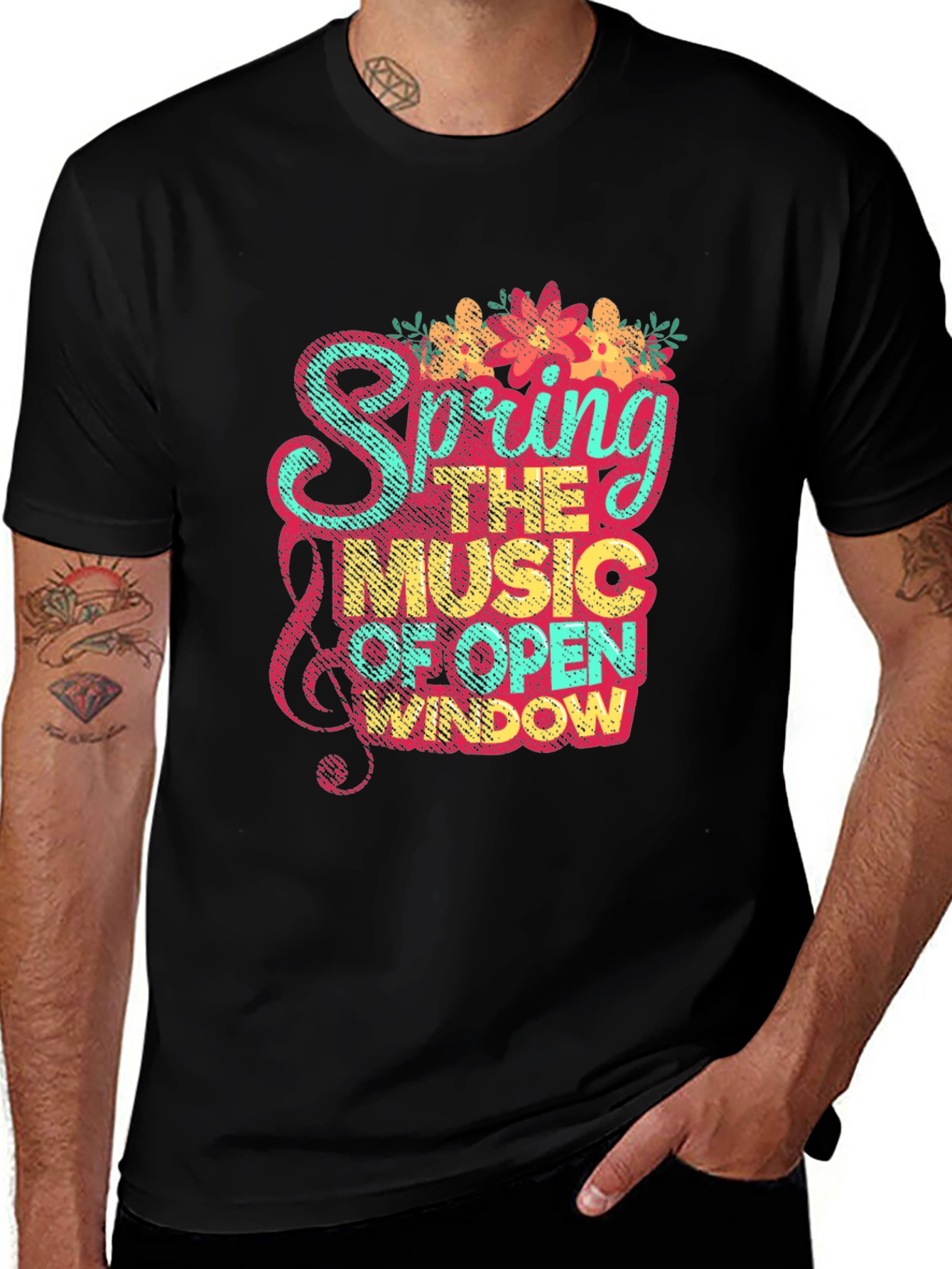 Variant 18 of Spring Music Graphic Tee - Black Cotton Blend Shirt
