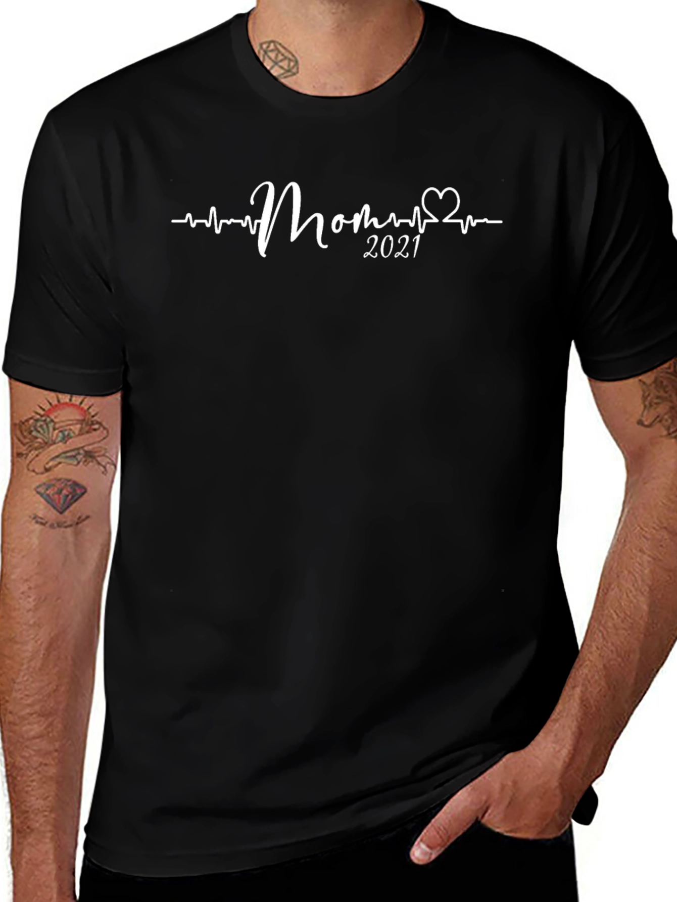 Variant 23 of Mom 2021 Heartbeat Graphic Tee - Black Cotton T-Shirt