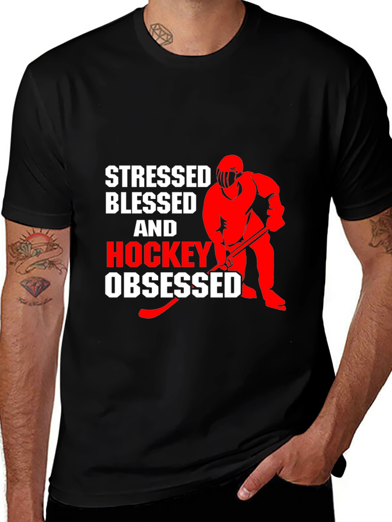 Variant 7 of Stressed Blessed Hockey Obsessed Black T-Shirt