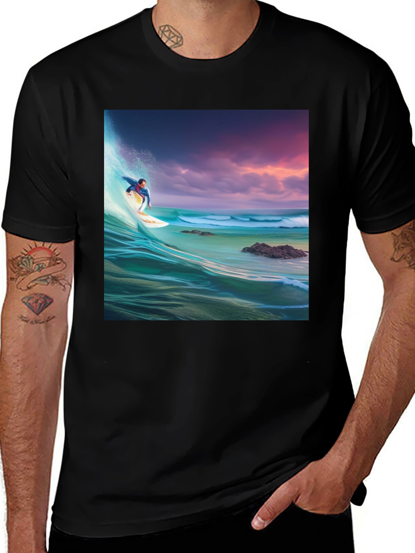 Surfer Wave Graphic Tee - Black Cotton Blend
