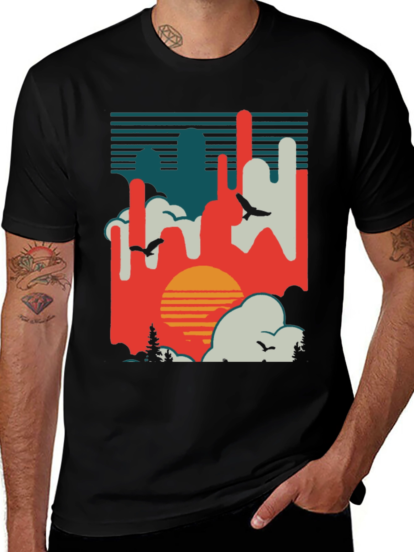 Variant 13 of Retro Sunset T-Shirt - Abstract Landscape Design