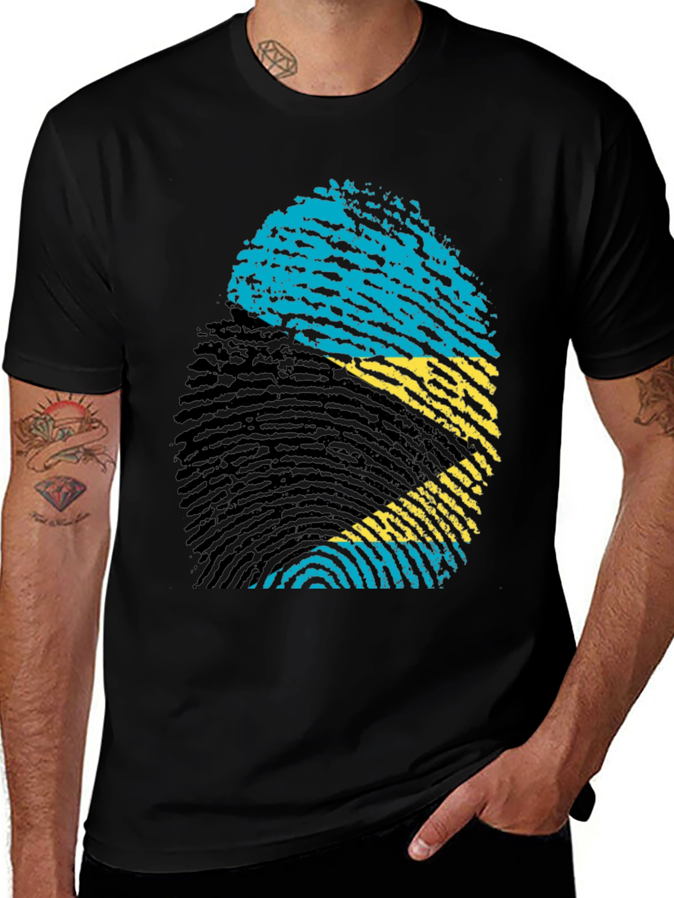 Bahamas Flag Fingerprint Black T-Shirt