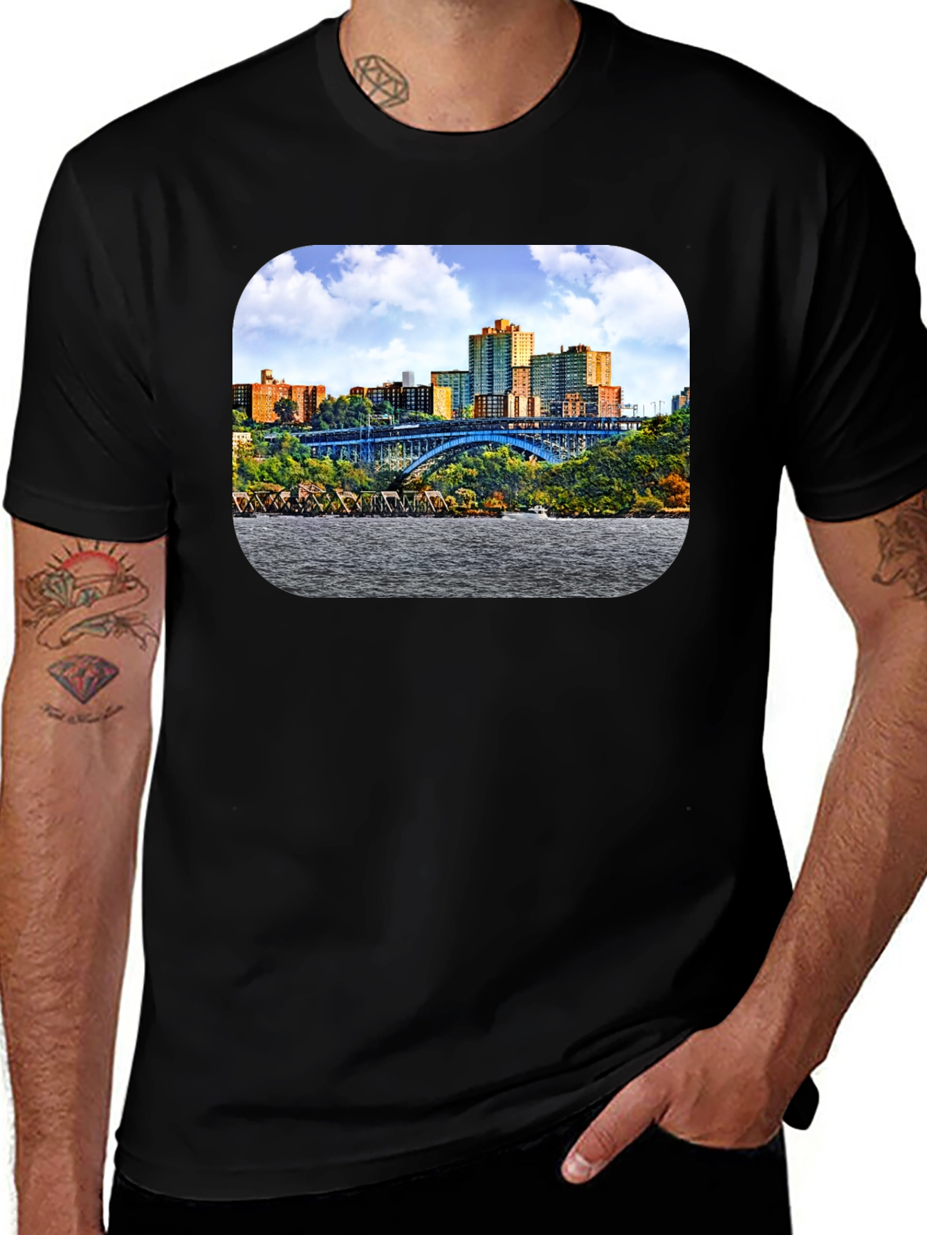 Variant 13 of Cityscape Bridge Graphic Tee - Men's Black T-Shirt