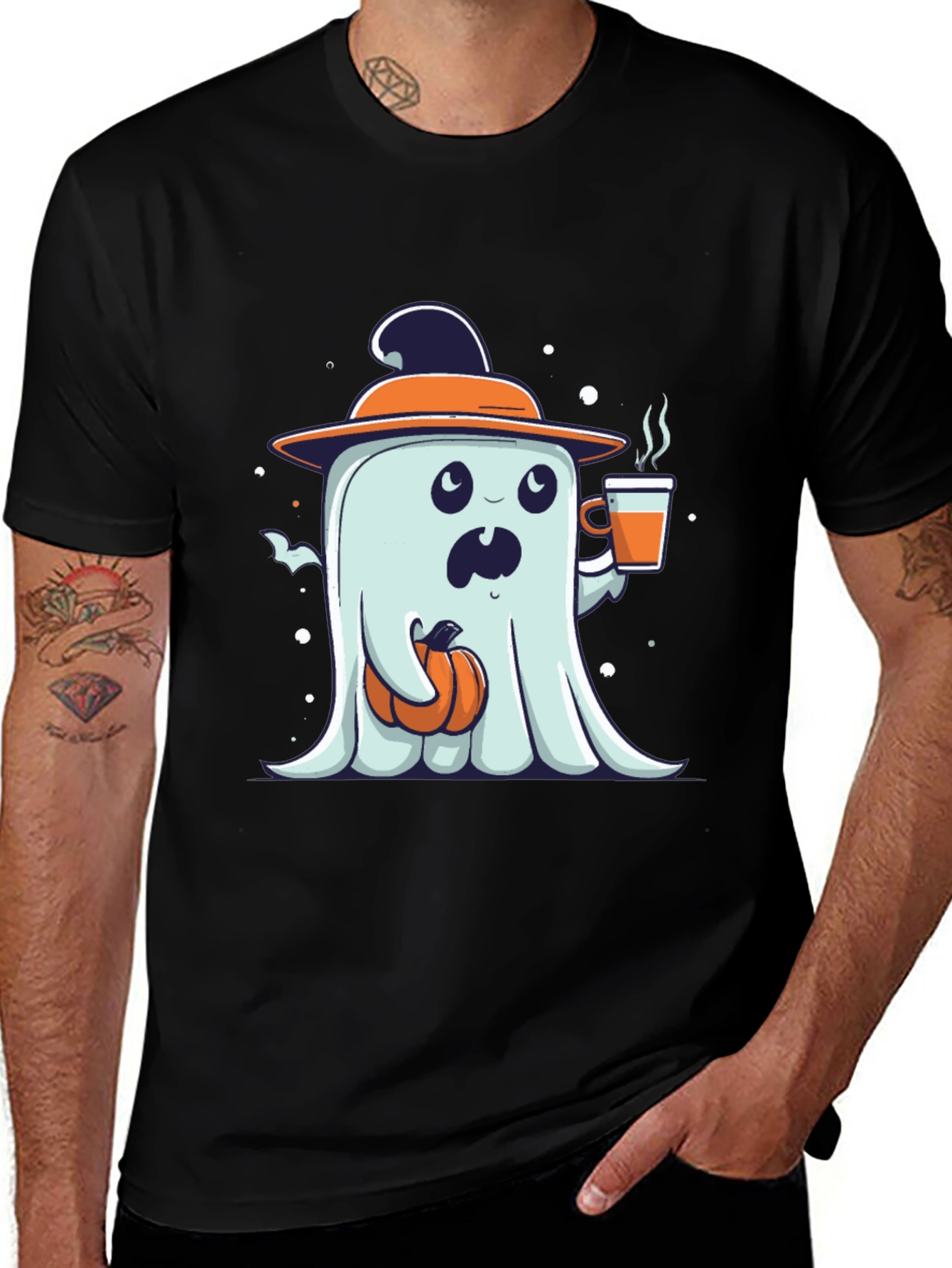 Halloween Ghost T-Shirt with Coffee and Pumpkin