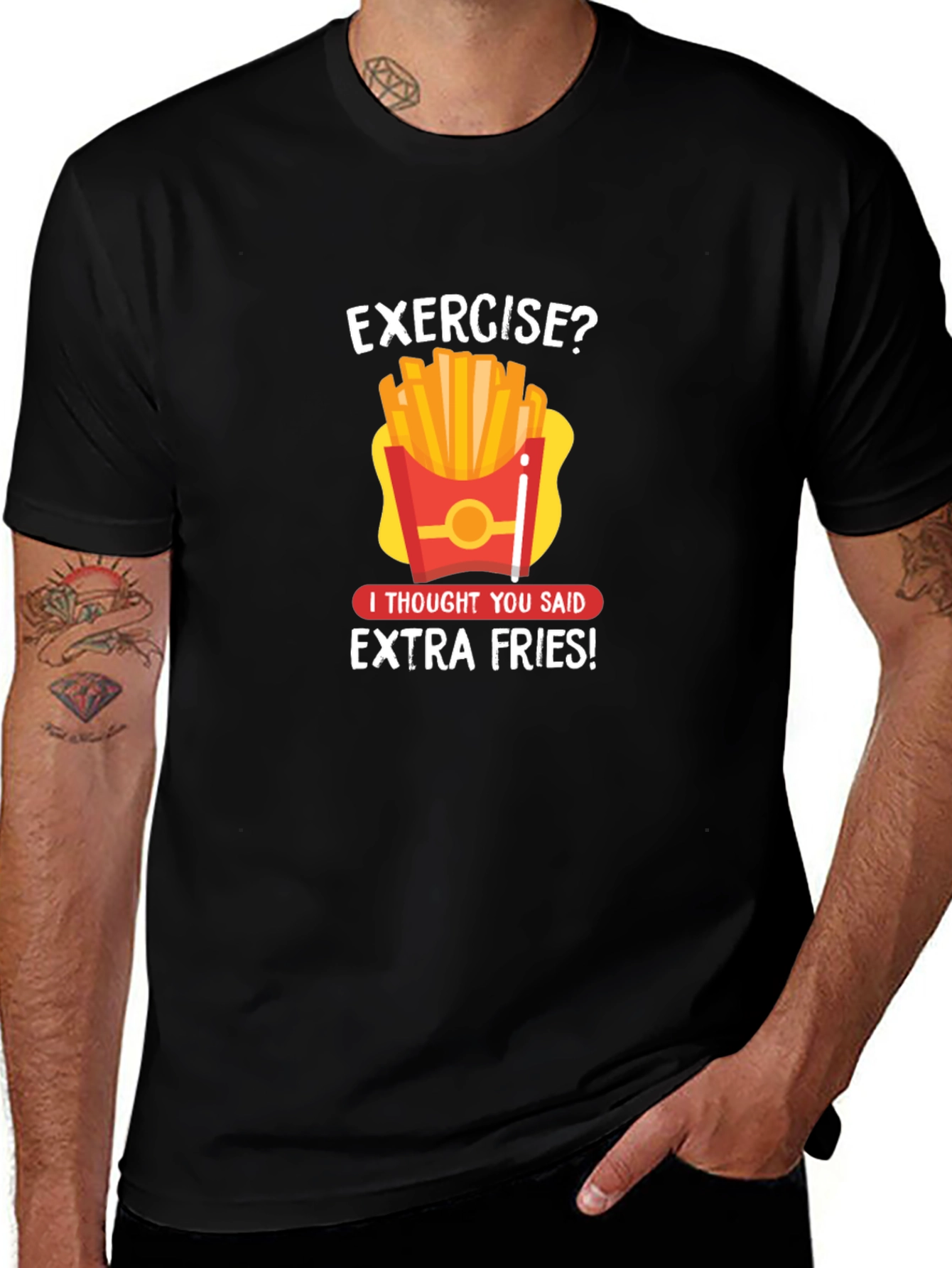 Variant 26 of Exercise? Extra Fries! Graphic Tee - Black Cotton