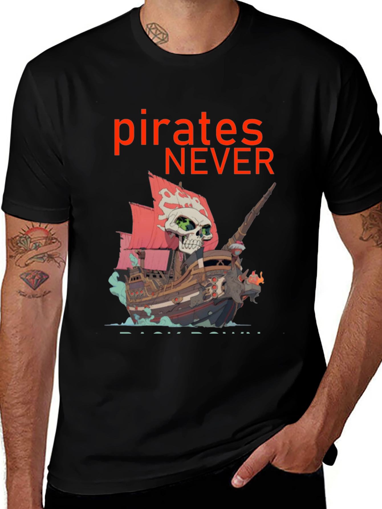 Variant 26 of Pirates Never Back Down T-Shirt - Skull Ship Design