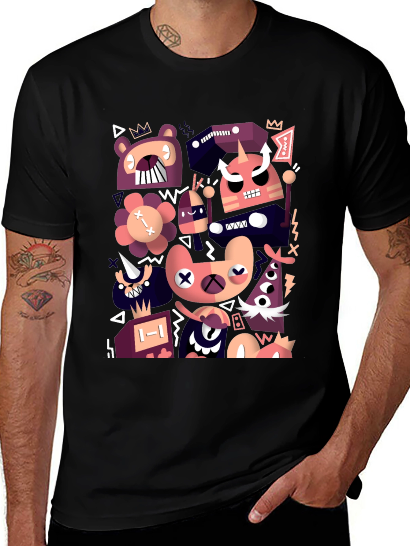 Abstract Cartoon Character Black T-Shirt