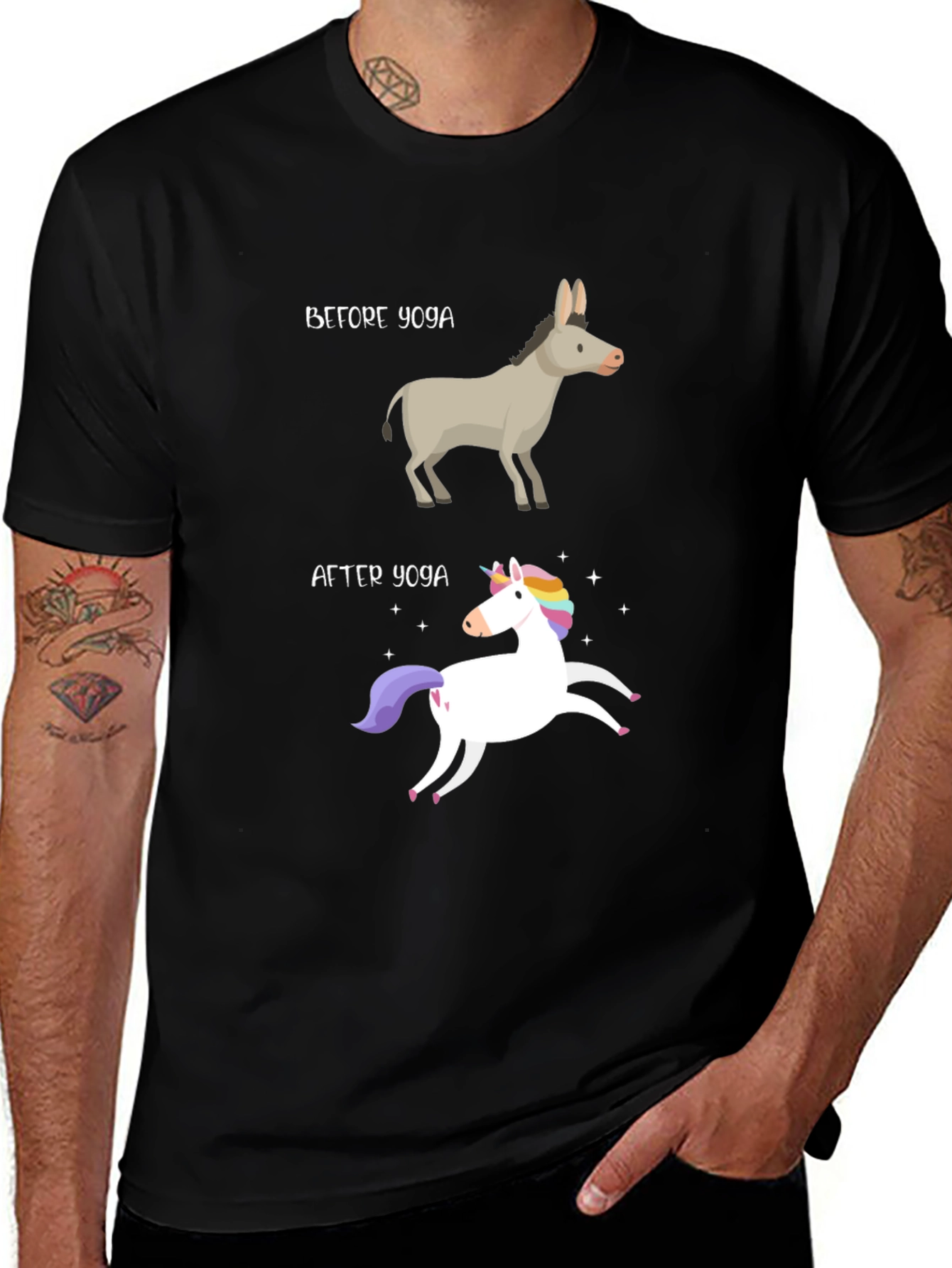 Black Yoga Humor T-Shirt - Donkey to Unicorn Transformation main image
