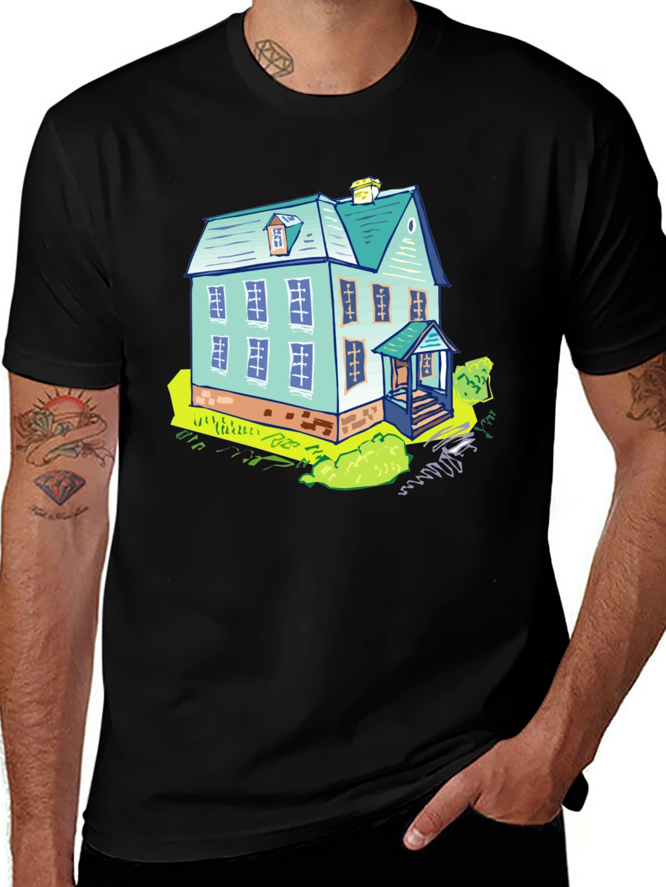Variant 14 of Cartoon House Graphic Tee - Black Cotton T-Shirt