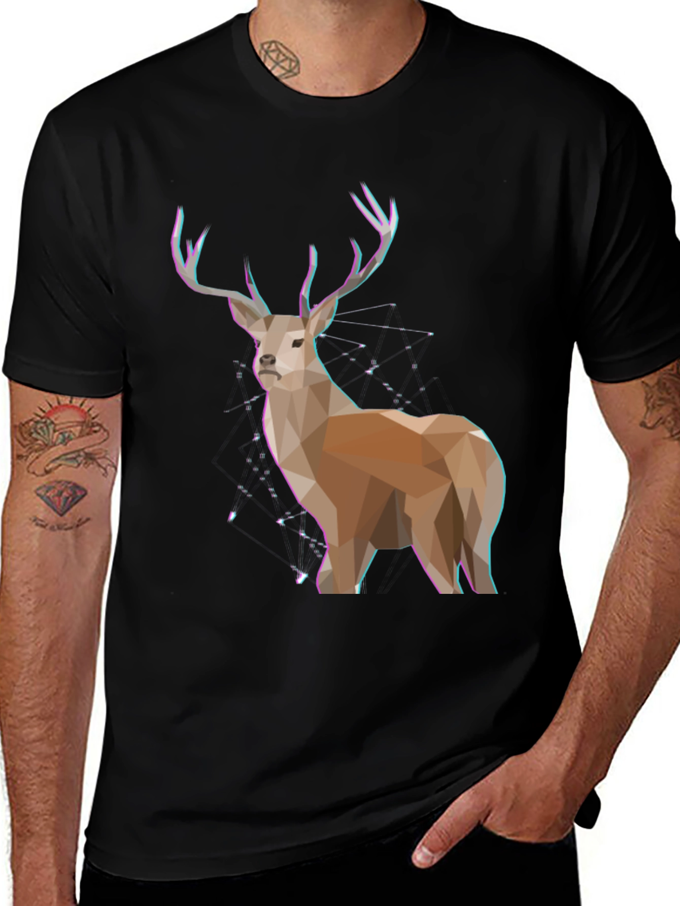 Variant 18 of Geometric Deer Graphic Tee - Black Cotton Blend