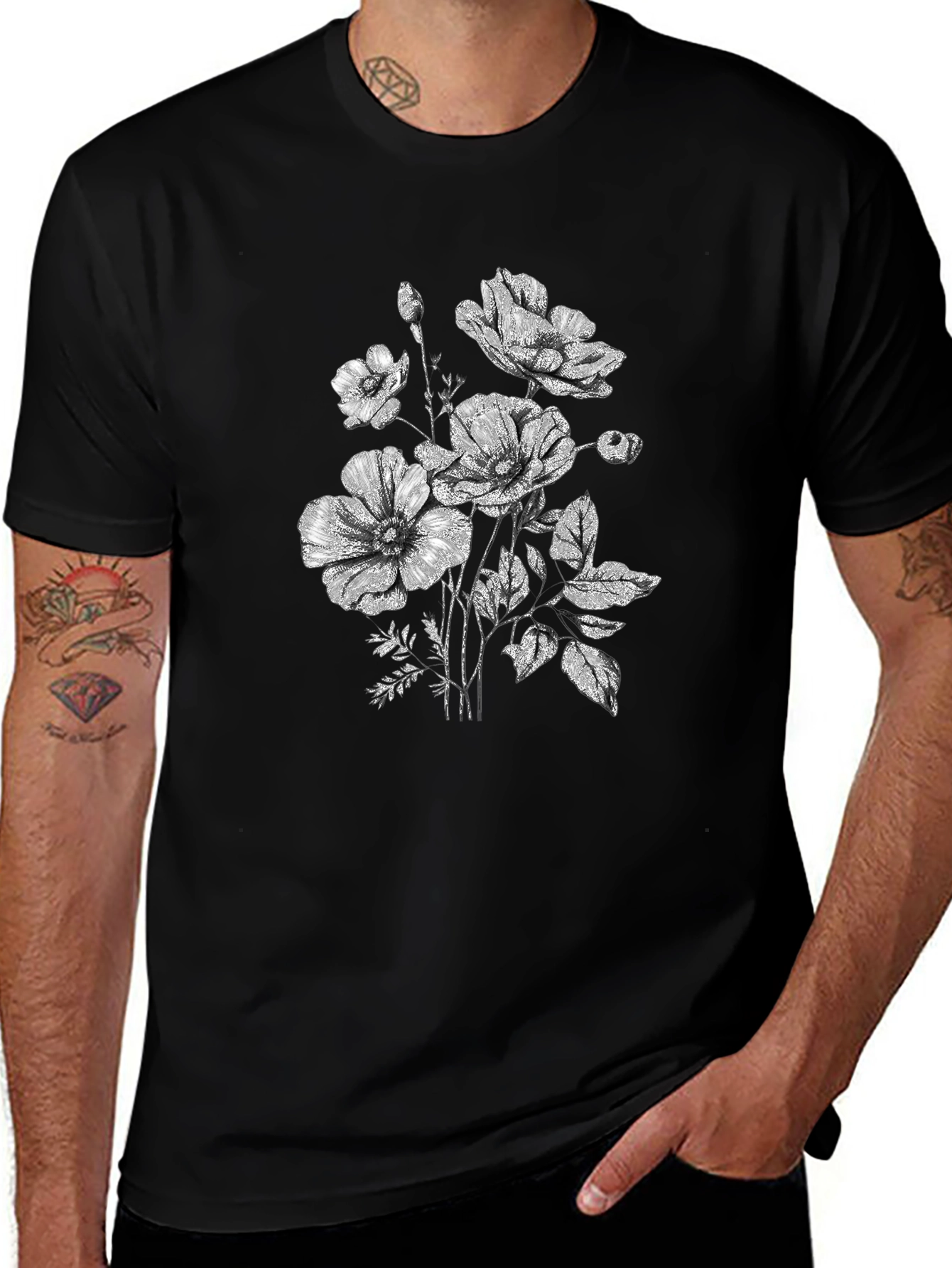 Variant 21 of Floral Print Black T-Shirt - Botanical Graphic Tee