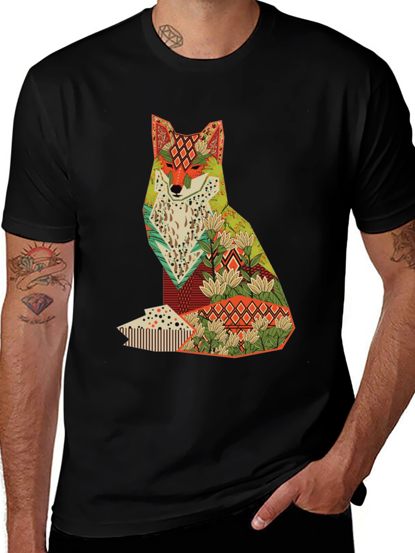 Variant 26 of Geometric Fox Graphic Print Black T-Shirt