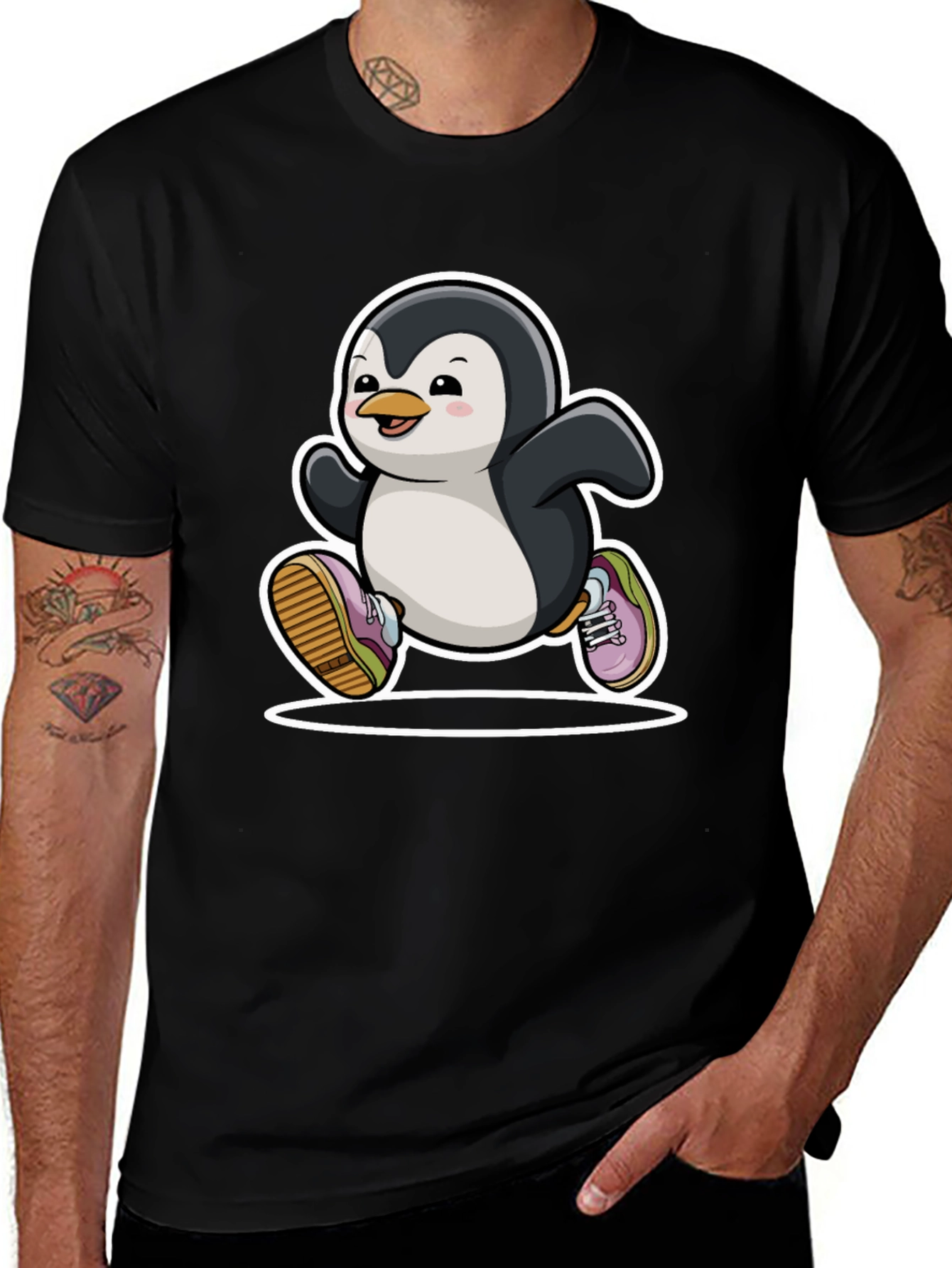 Running Penguin Graphic Tee - Black Cotton Casual Shirt