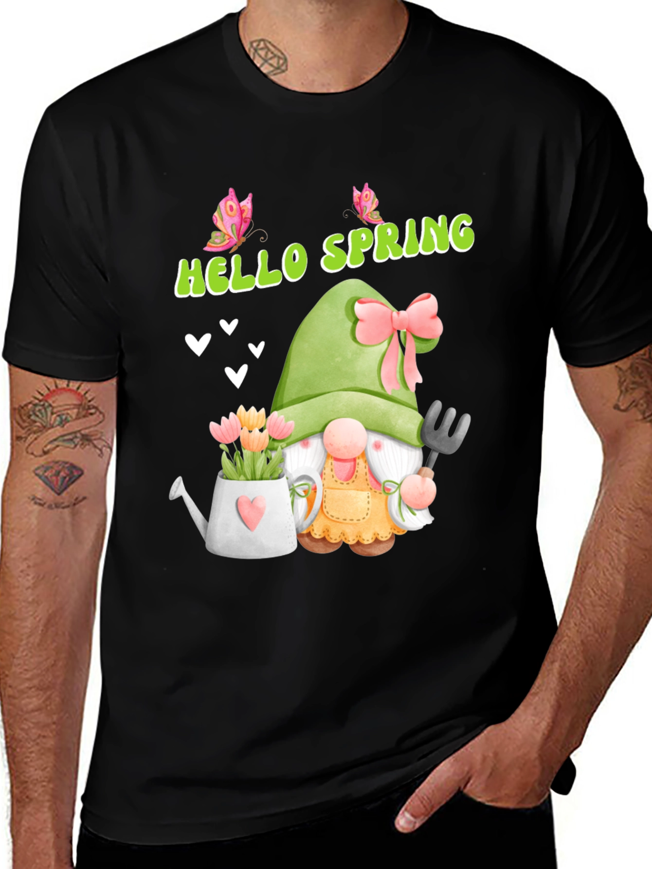 Black Hello Spring Garden Gnome T-Shirt main image