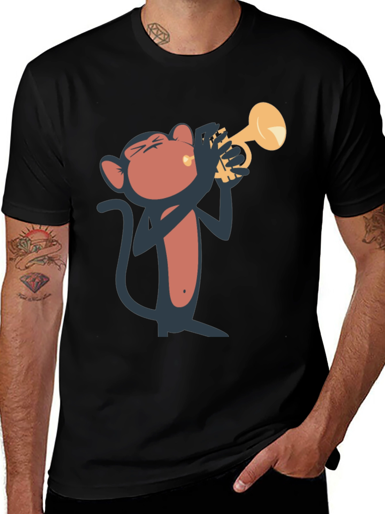 Variant 28 of Monkey Playing Trumpet Graphic Tee - Black Cotton T-Shirt