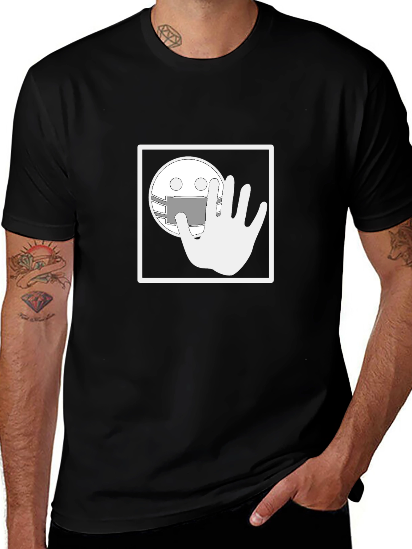Black Black Graphic T-Shirt - Masked Smiley with Hand main image