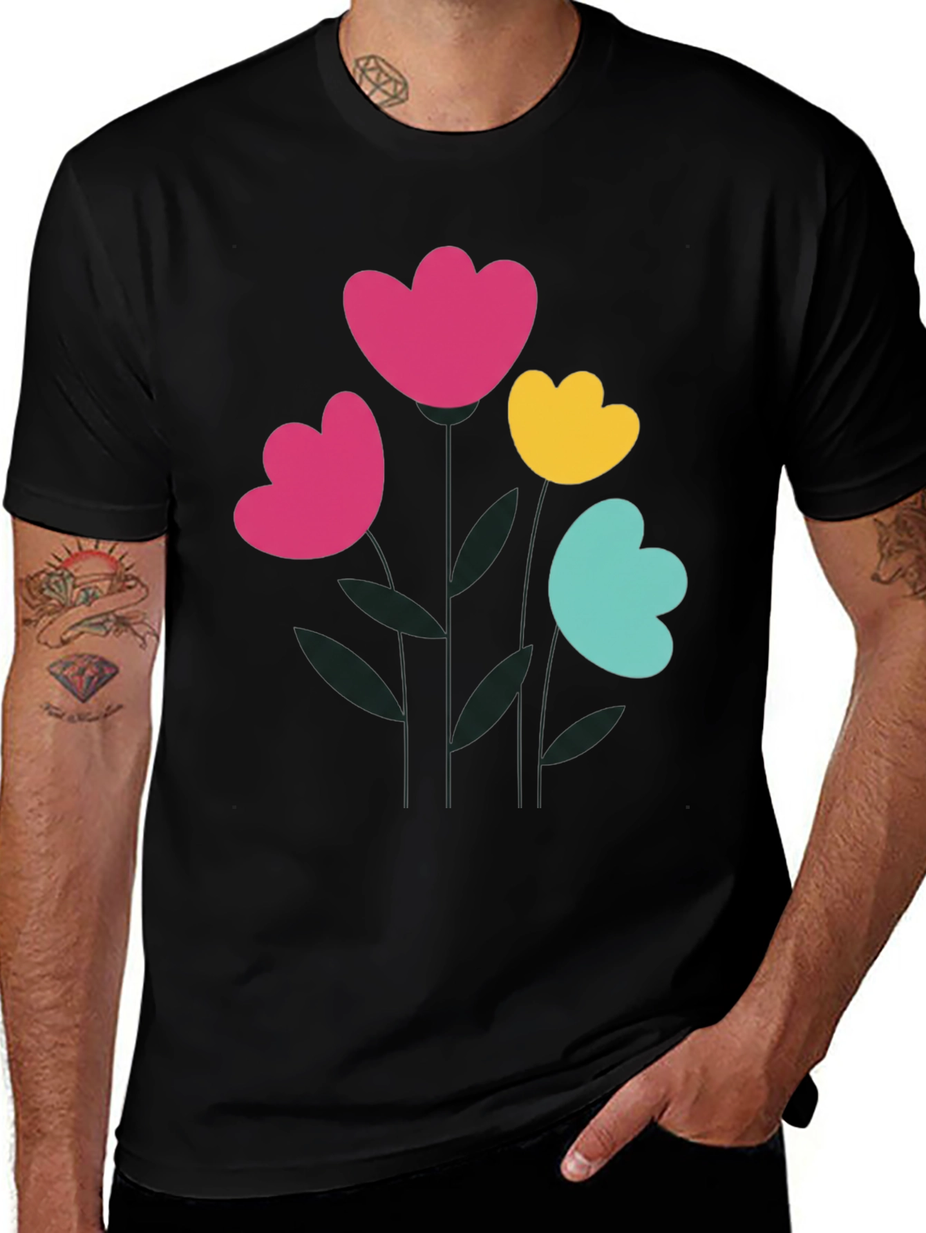 Variant 16 of Floral Print Black T-Shirt: Colorful Flower Graphic Tee
