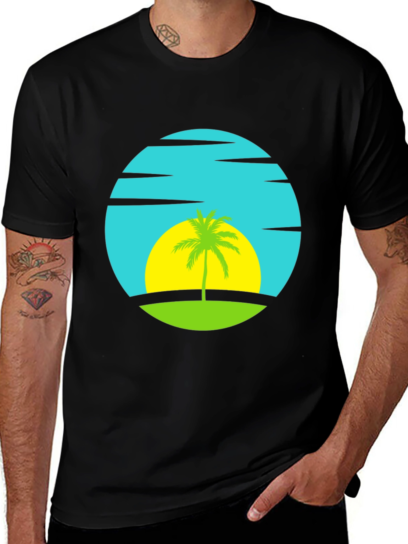 Variant 22 of Tropical Palm Sunset Graphic Black T-Shirt