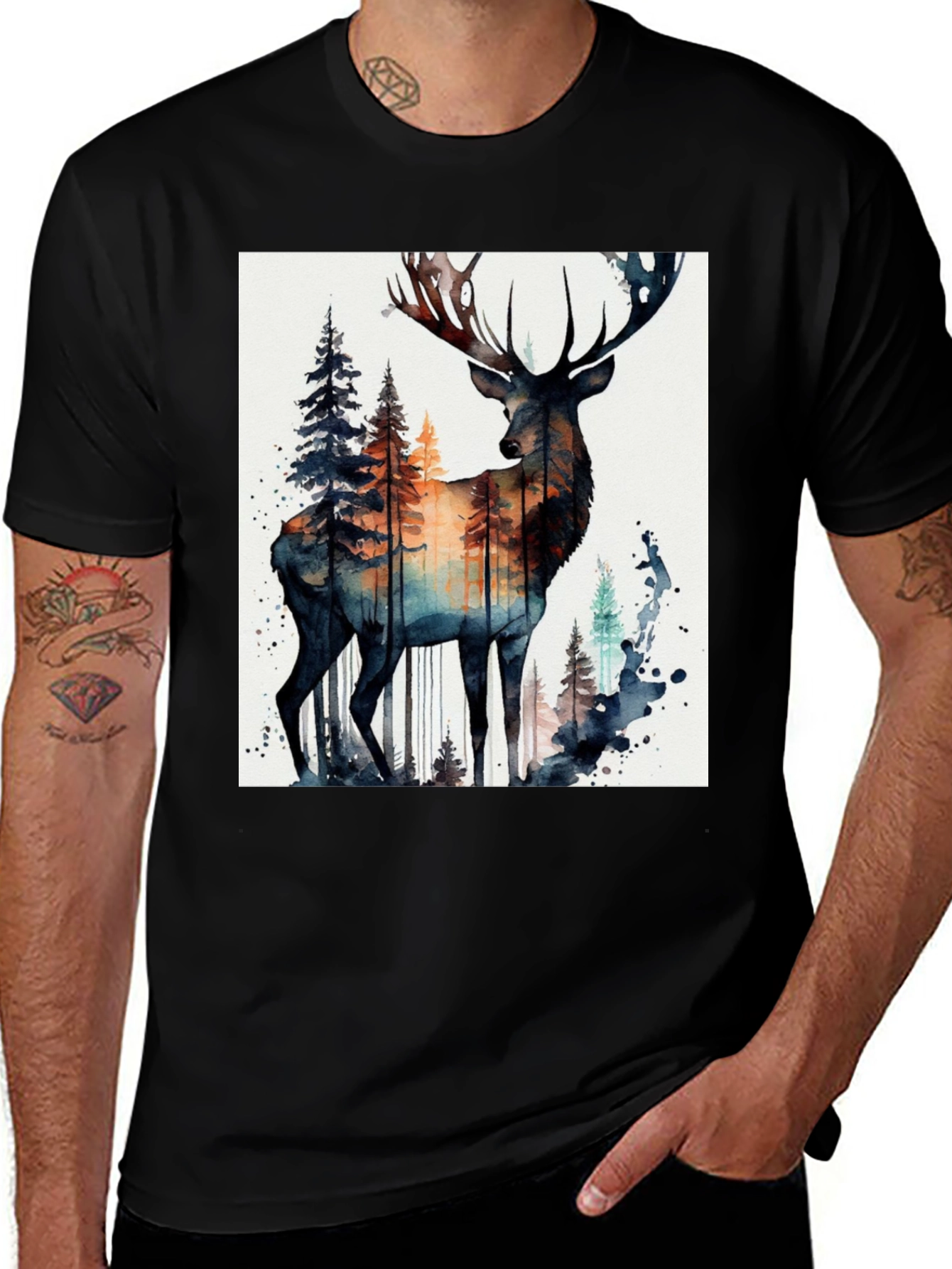 Black Deer Forest Watercolor Graphic Tee main image