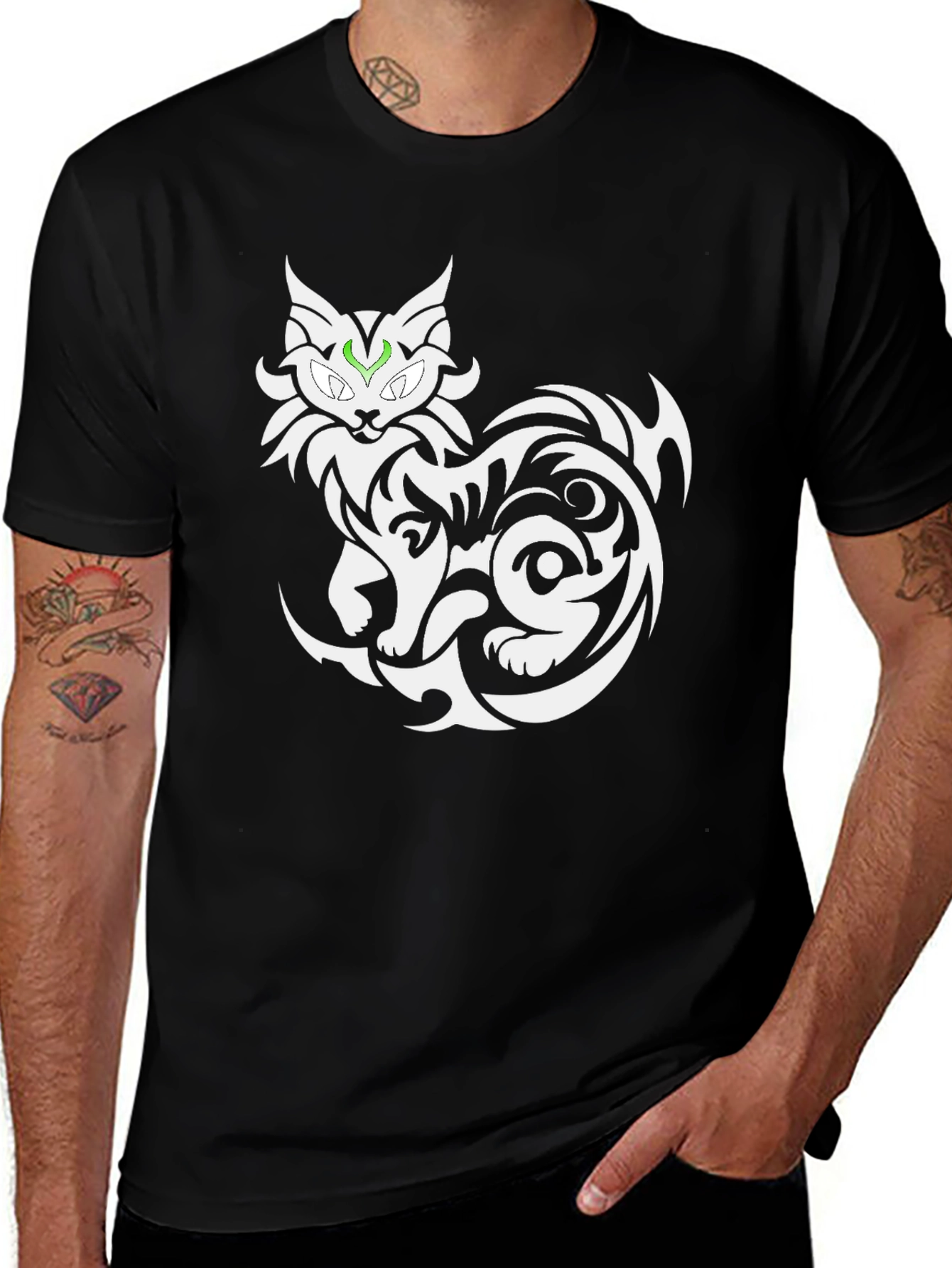 Variant 22 of Tribal Cat Graphic Tee - Black Cotton T-Shirt