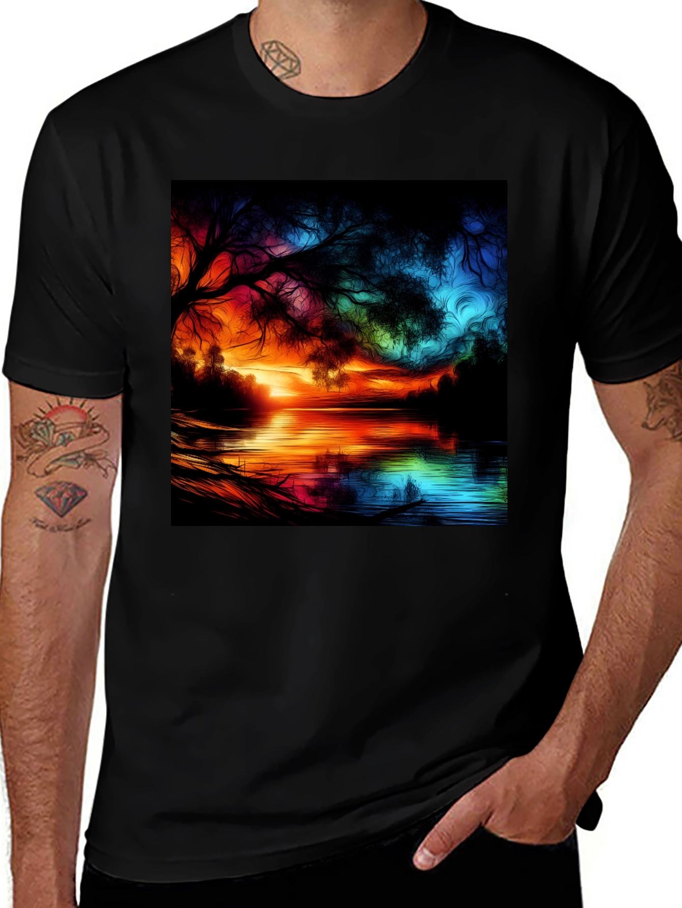 Variant 9 of Vibrant Sunset Lake Graphic Tee - Artistic Design
