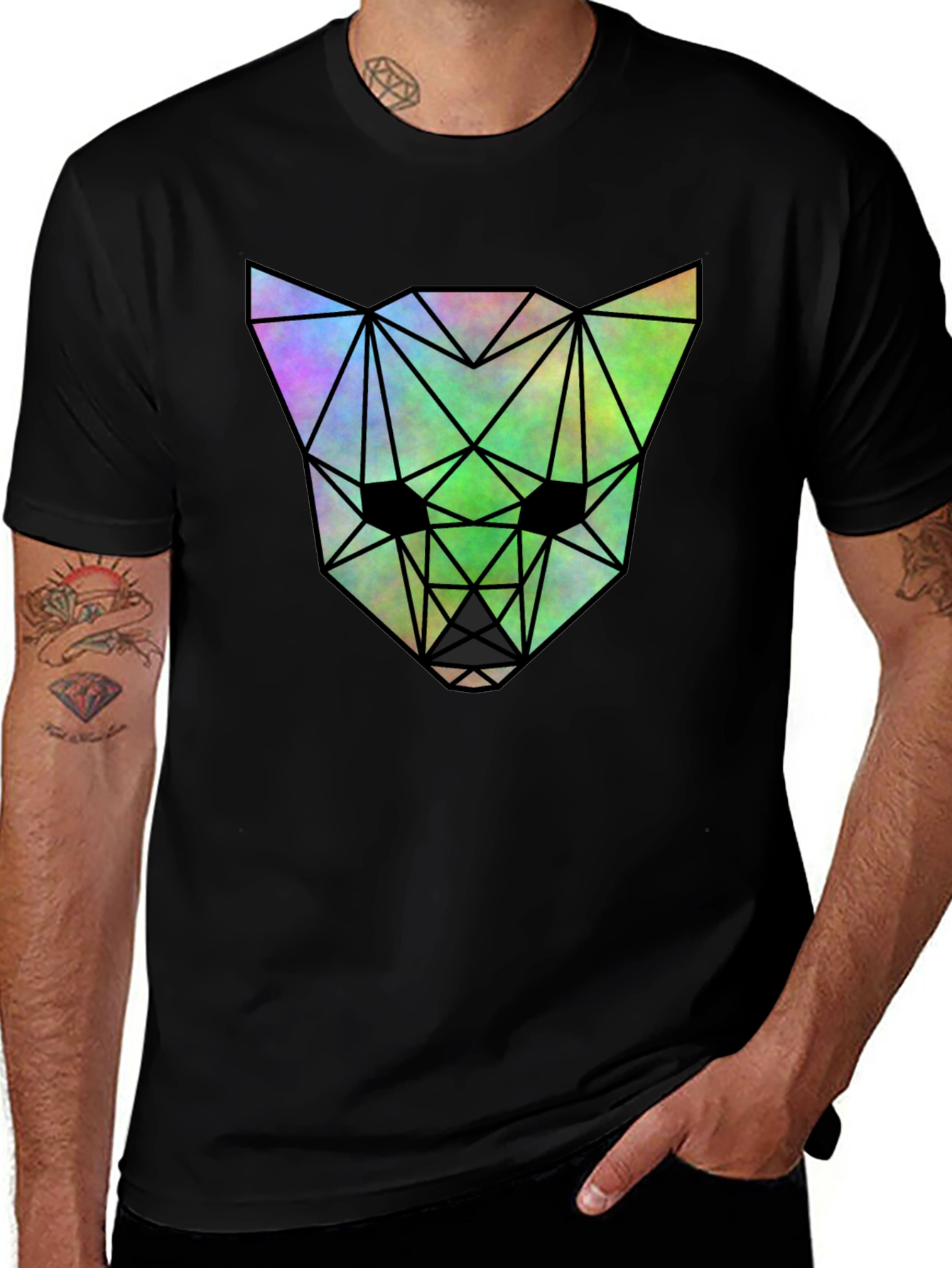 Variant 21 of Geometric Wolf Graphic Tee - Black Cotton Blend
