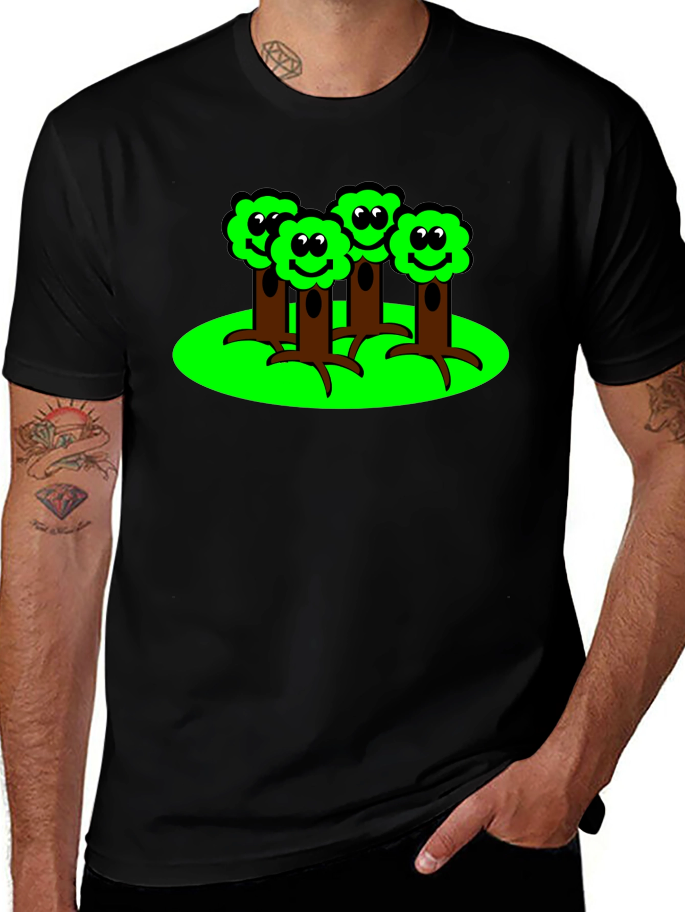 Cartoon Tree Graphic T-Shirt - Black
