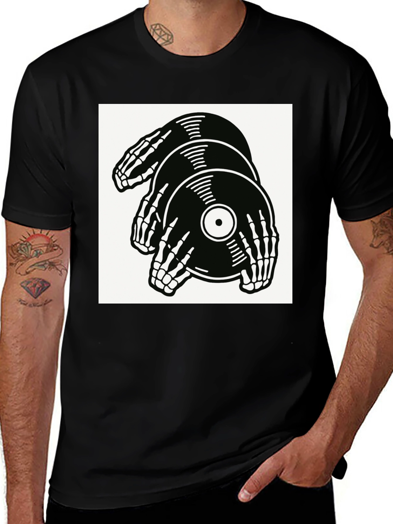 Skeleton Hands Vinyl Record Graphic T-Shirt