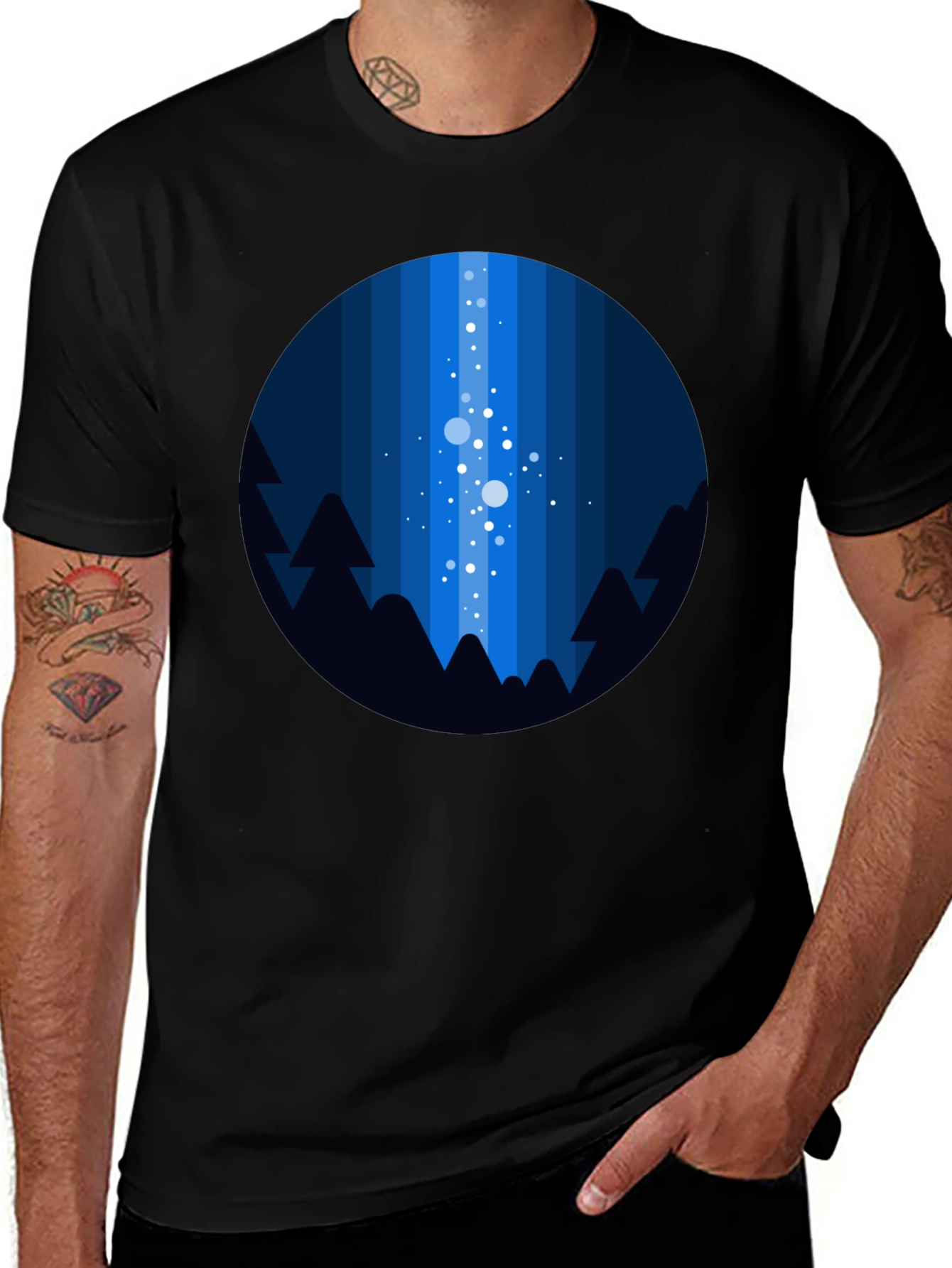 Variant 22 of Night Sky T-Shirt - Geometric Tree & Star Design