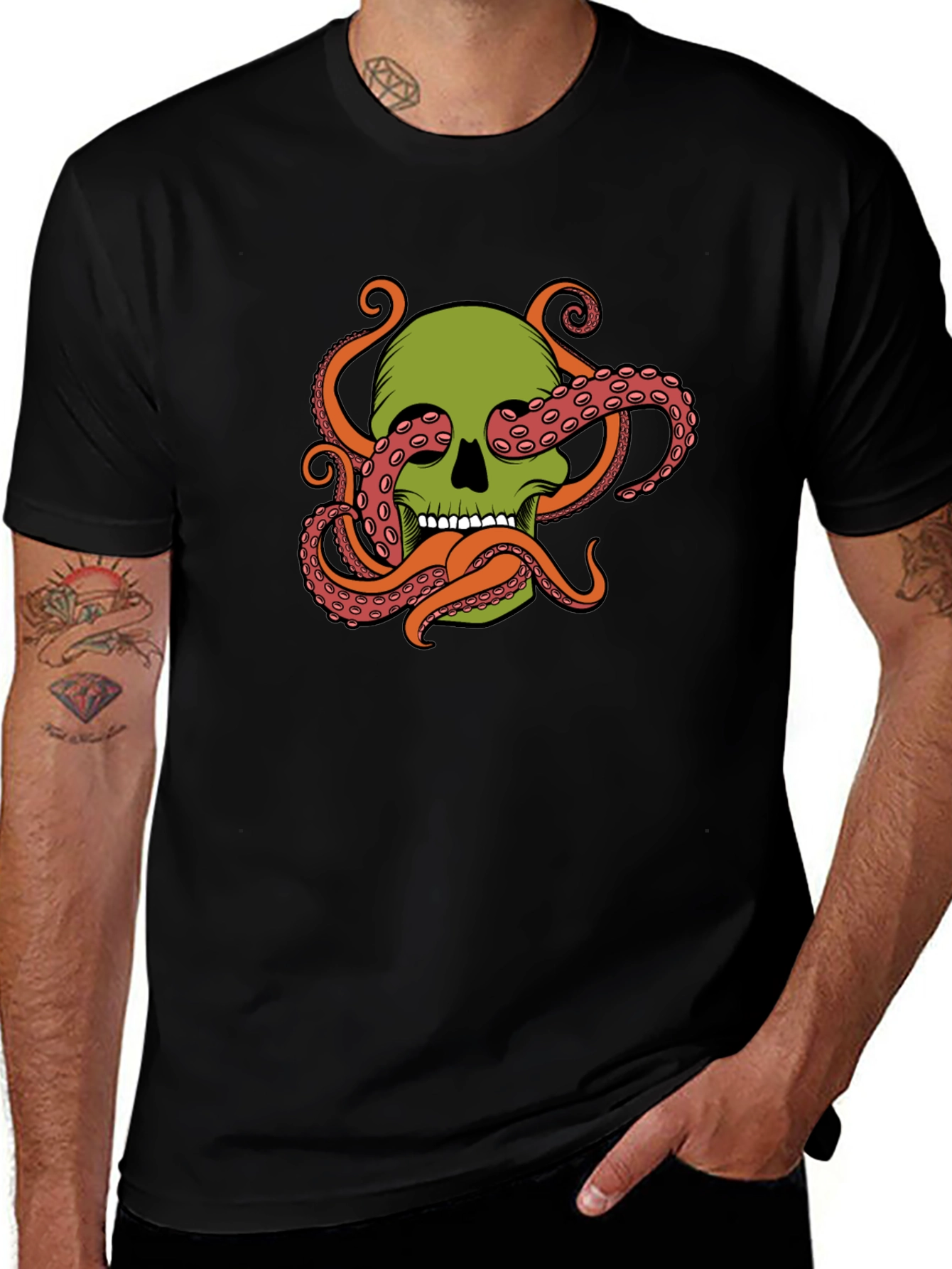 Variant 20 of Skull Octopus Graphic Tee - Black Cotton Blend